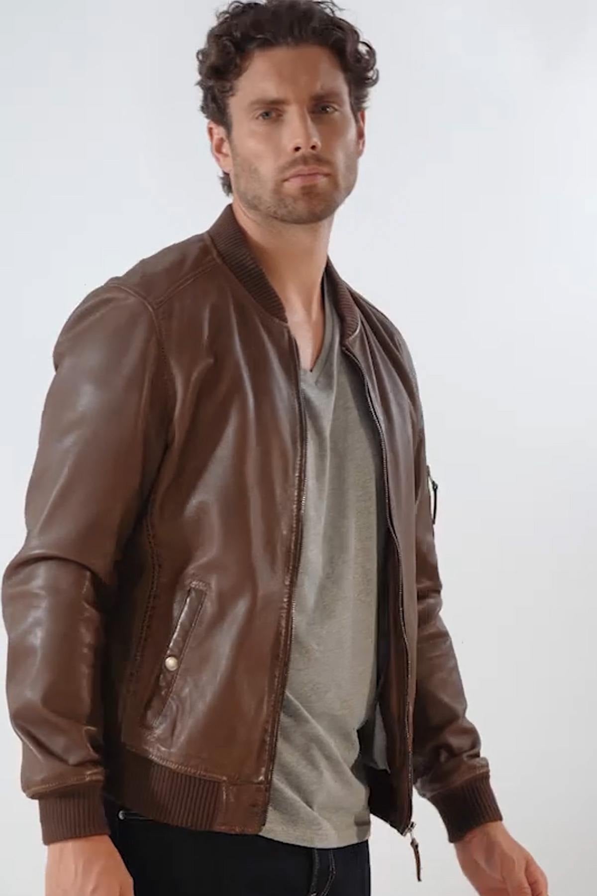 Brown leather bomber jacket - Image n°3