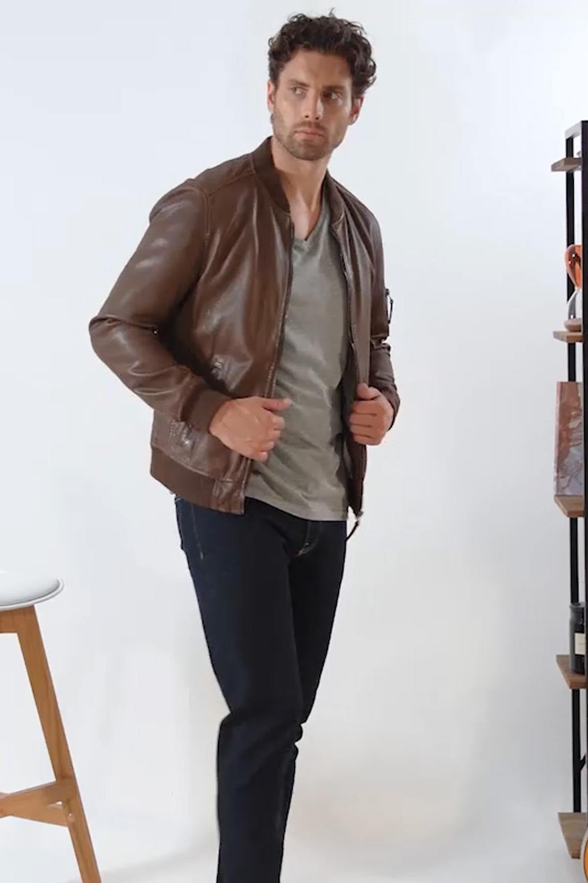 Brown leather bomber jacket - Image n°5