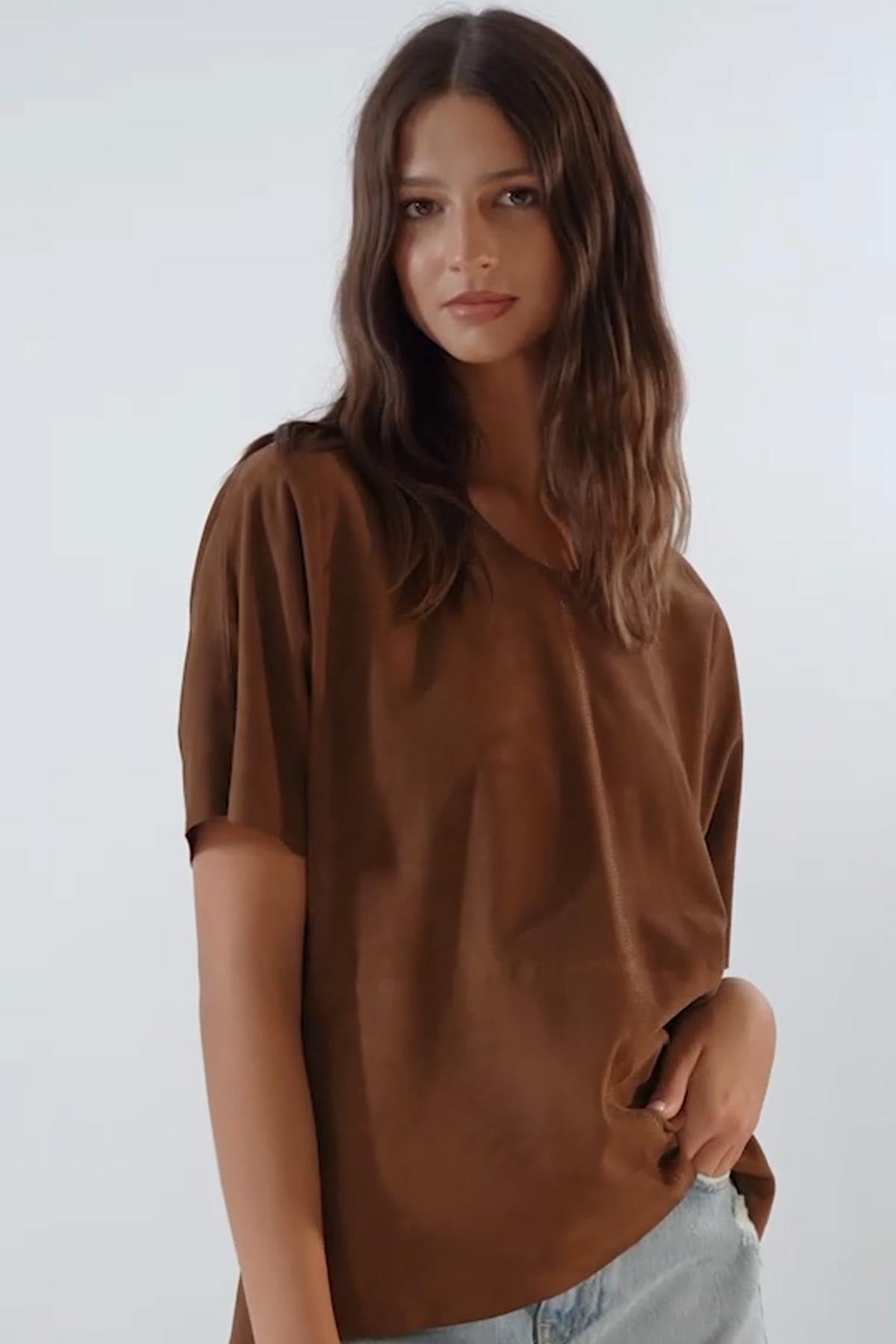 Loose fit cognac suede leather blouse - Image n°6