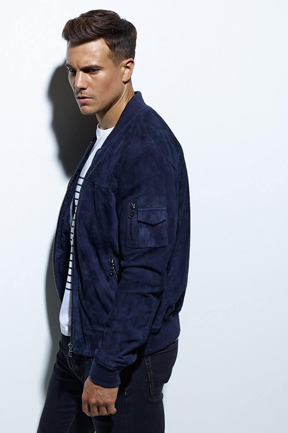 Navy blue suede leather bomber jacket - Image n°3