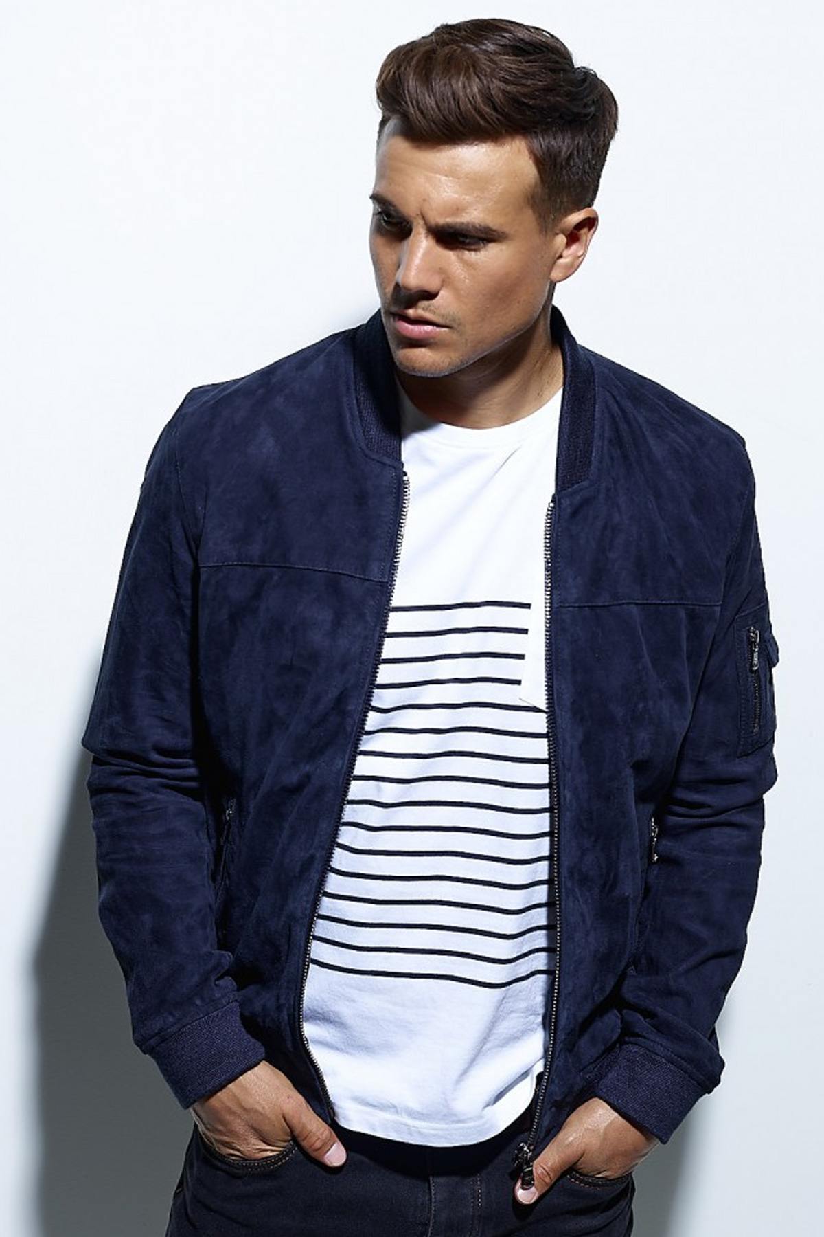 Navy blue suede leather bomber jacket - Image n°1