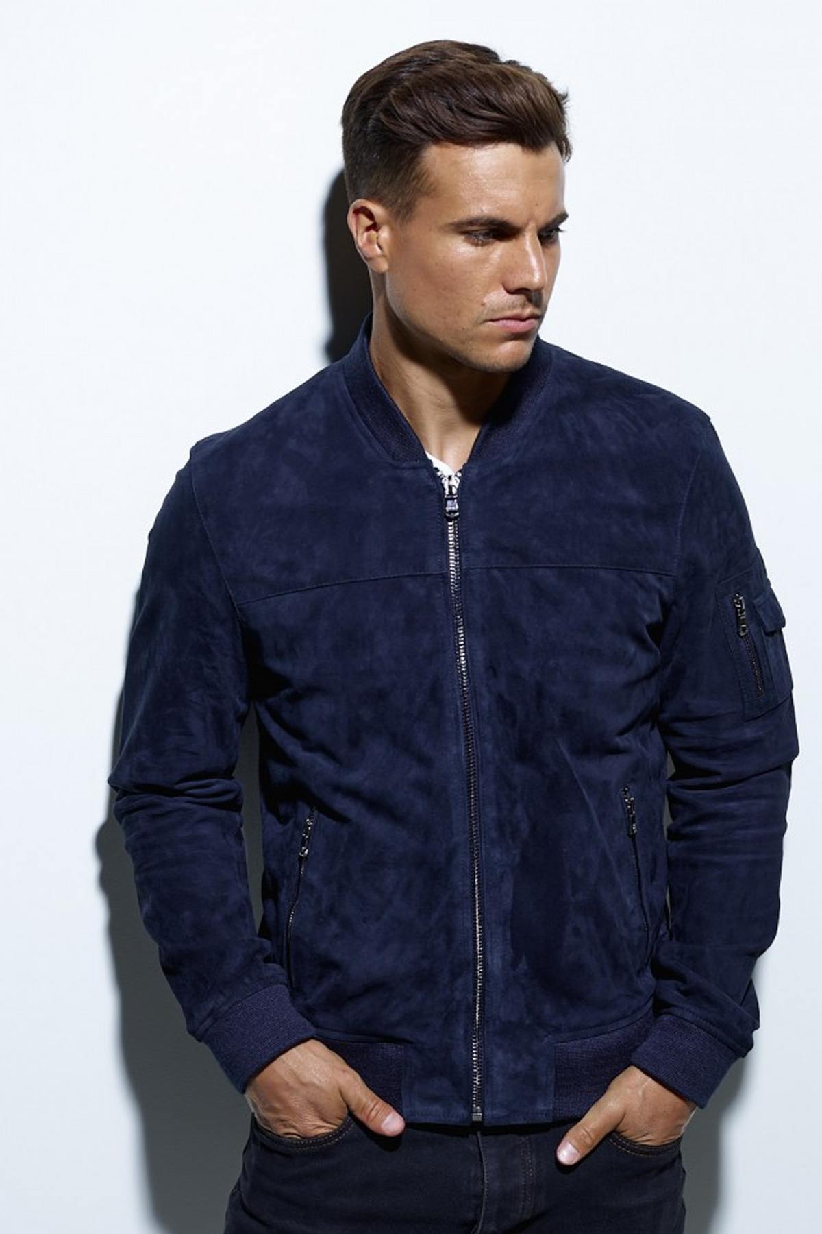 Navy blue suede leather bomber jacket - Image n°2