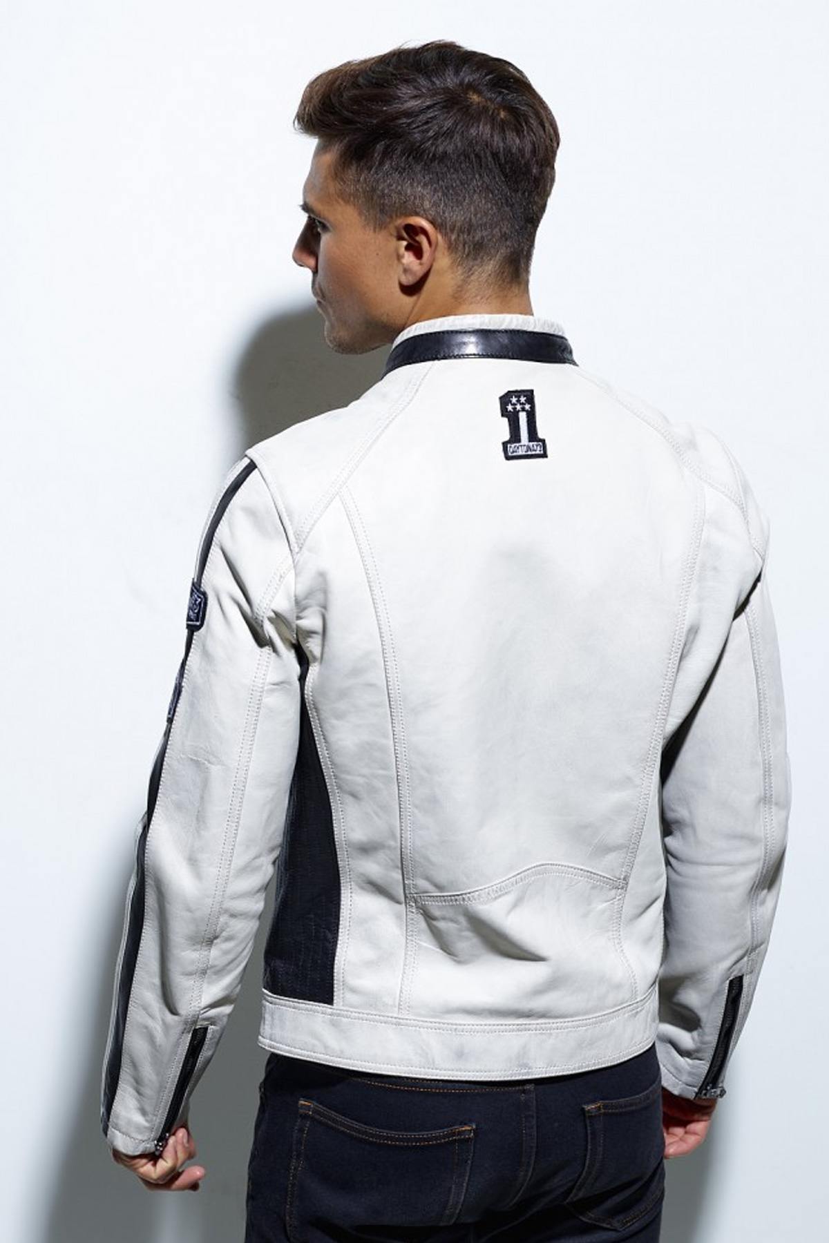 White leather jacket with patched biker collar - Image n°2