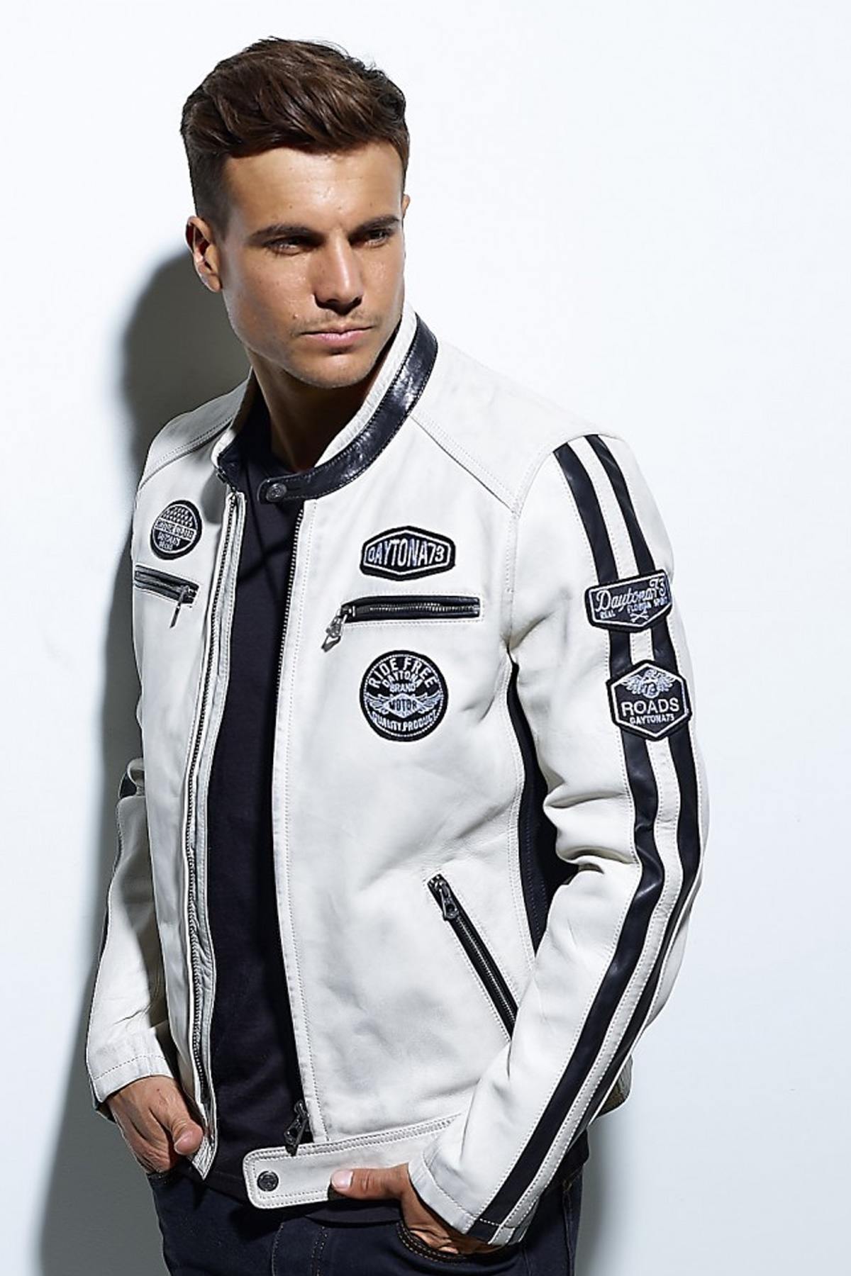 White leather jacket with patched biker collar - Image n°3