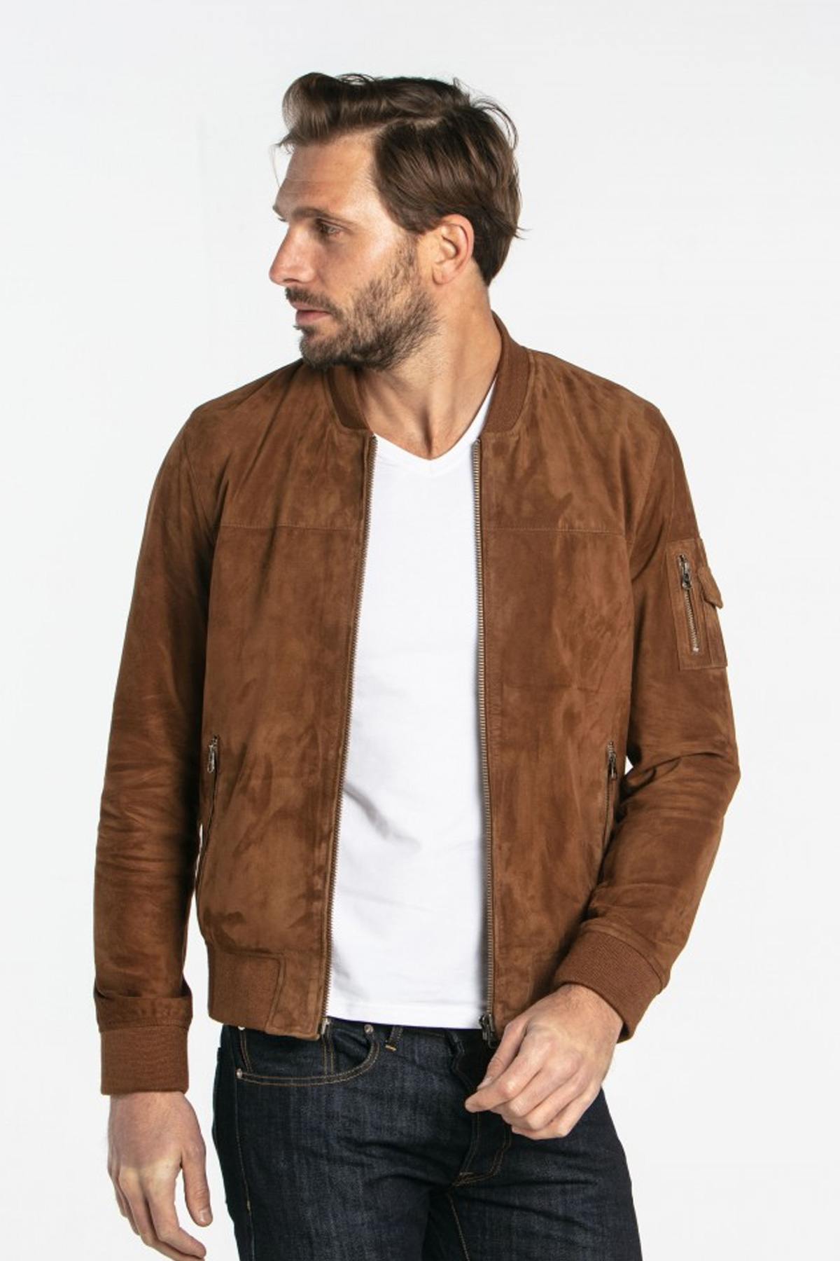 Brown suede leather bomber - Image n°1