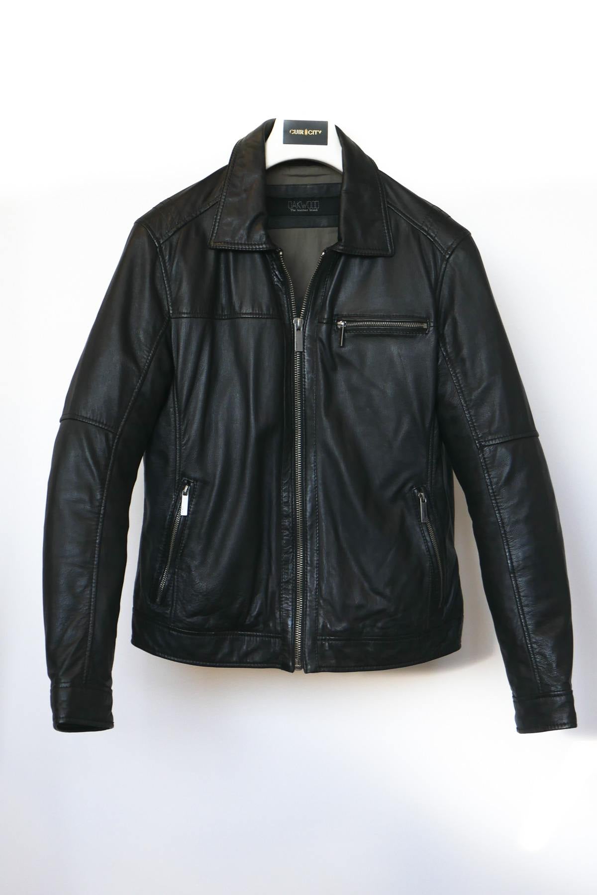 Men's sheepskin leather jacket with shirt collar - Image n°1