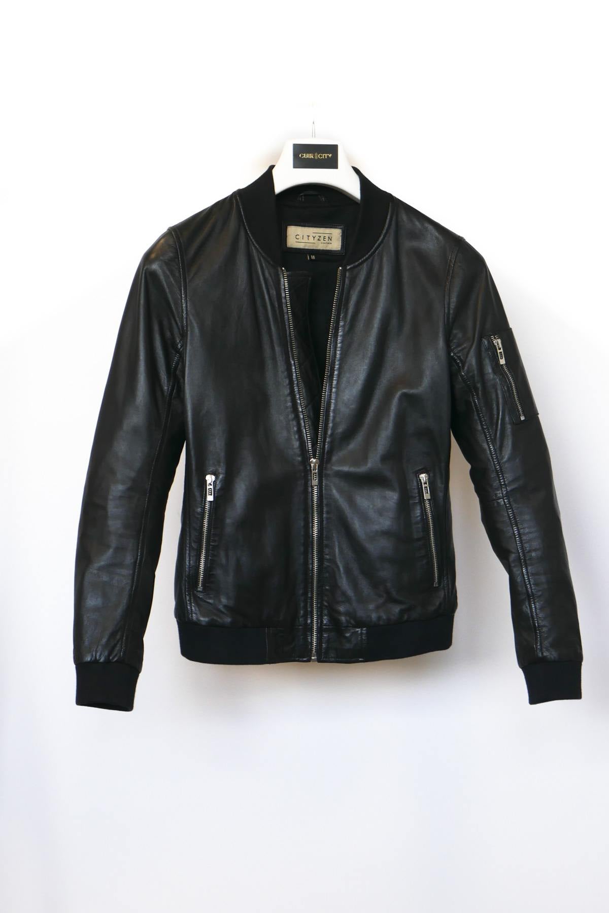 Women's black sheepskin leather bomber jacket - Image n°1