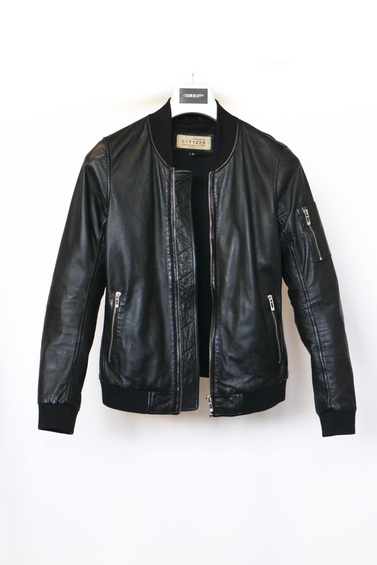 Women's black sheepskin leather bomber jacket - Image n°2