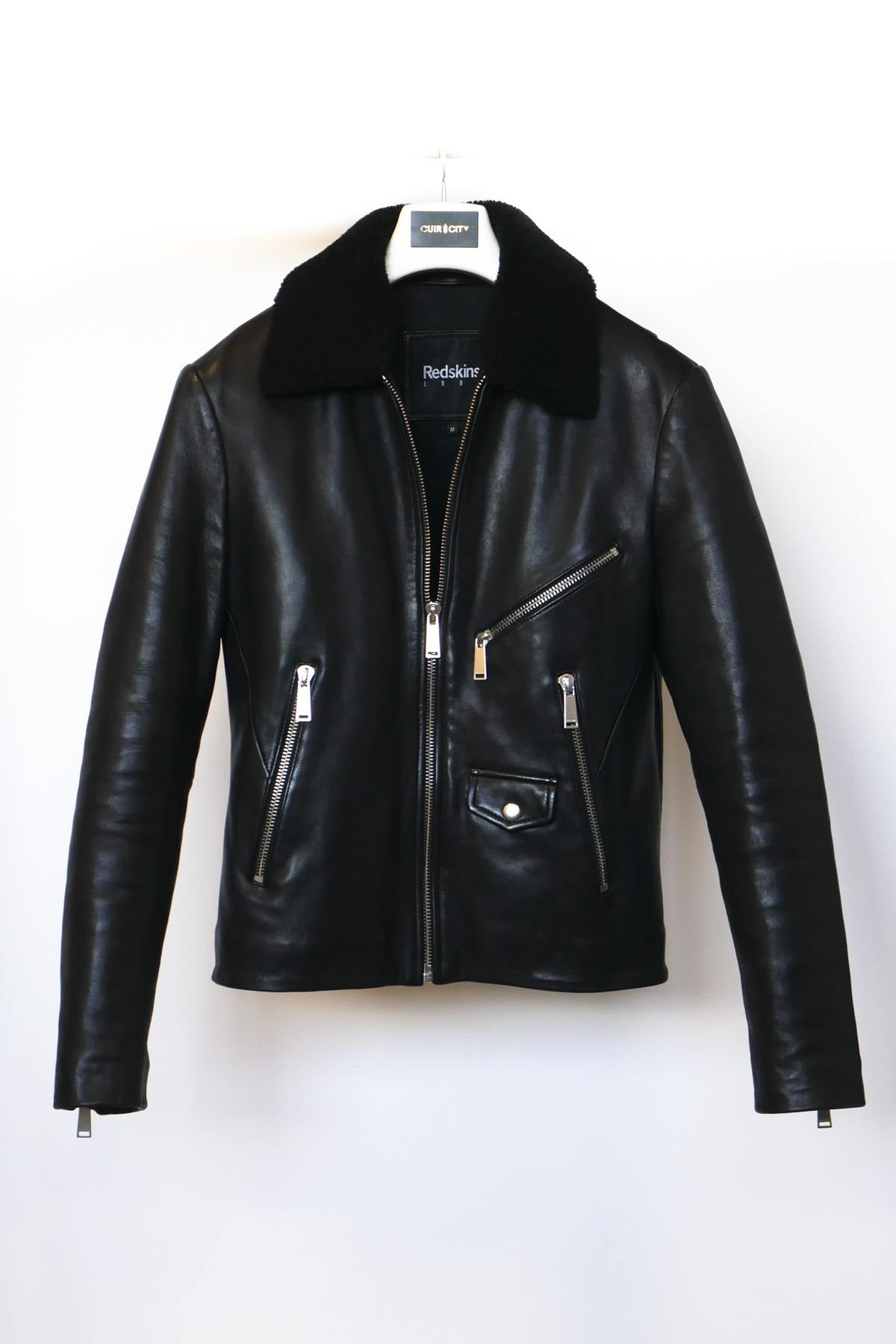 Men's black leather jacket with fur-lined sheepskin collar - Image n°1