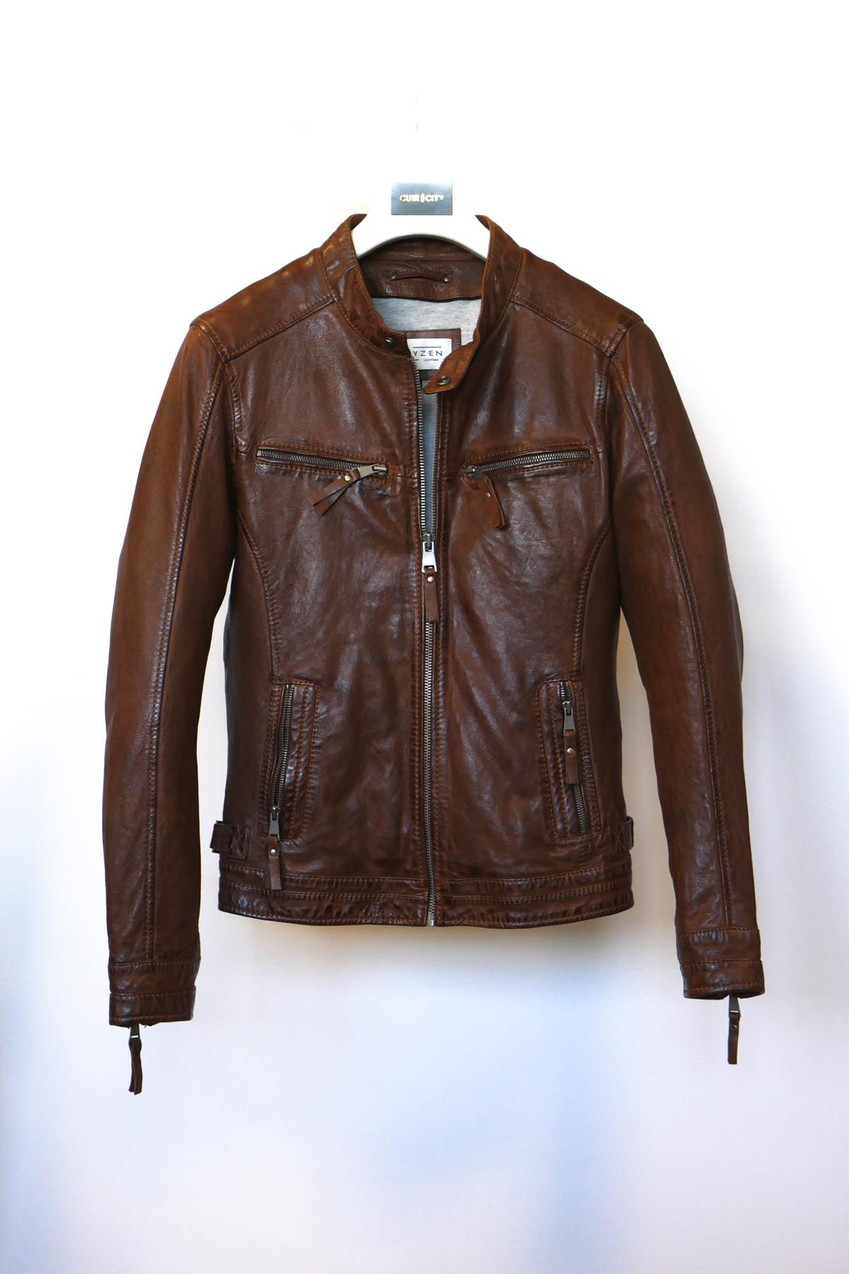 Men's brown leather biker collar jacket - Image n°1