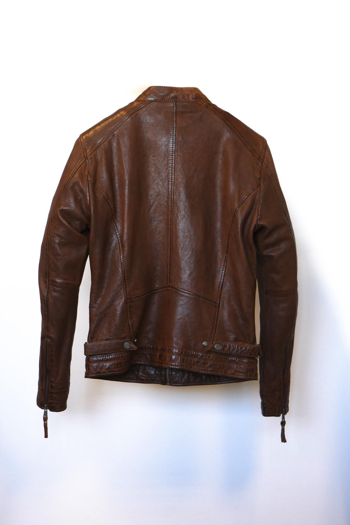 Men's brown leather biker collar jacket - Image n°2