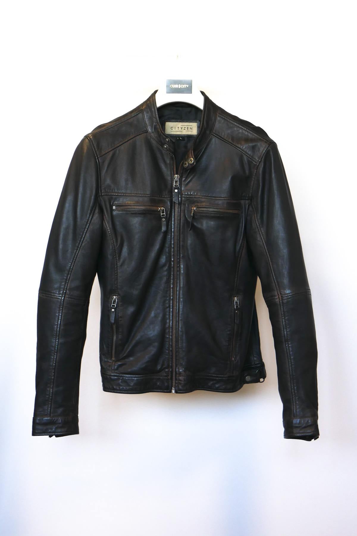 Men's black leather jacket with snap collar - Image n°2