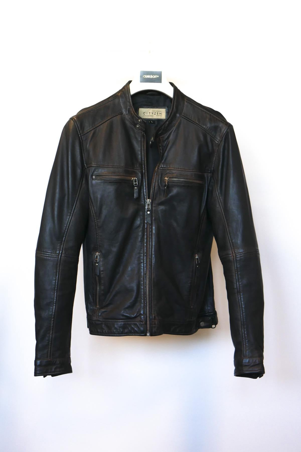 Men's black leather jacket with snap collar - Image n°1