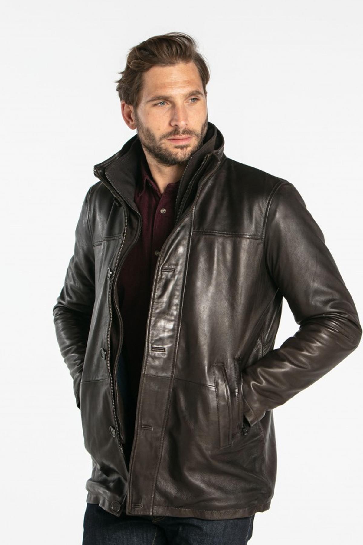 Long brown lambskin leather jacket - Image n°5