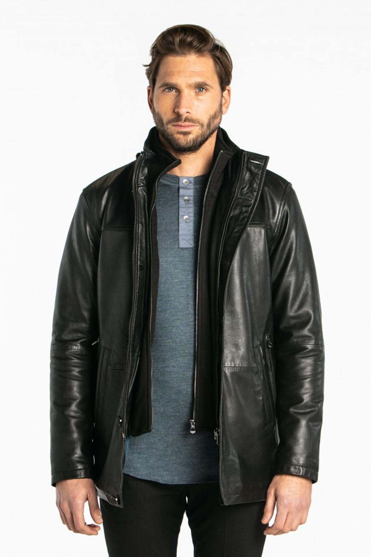 Men's black leather coat - Image n°8