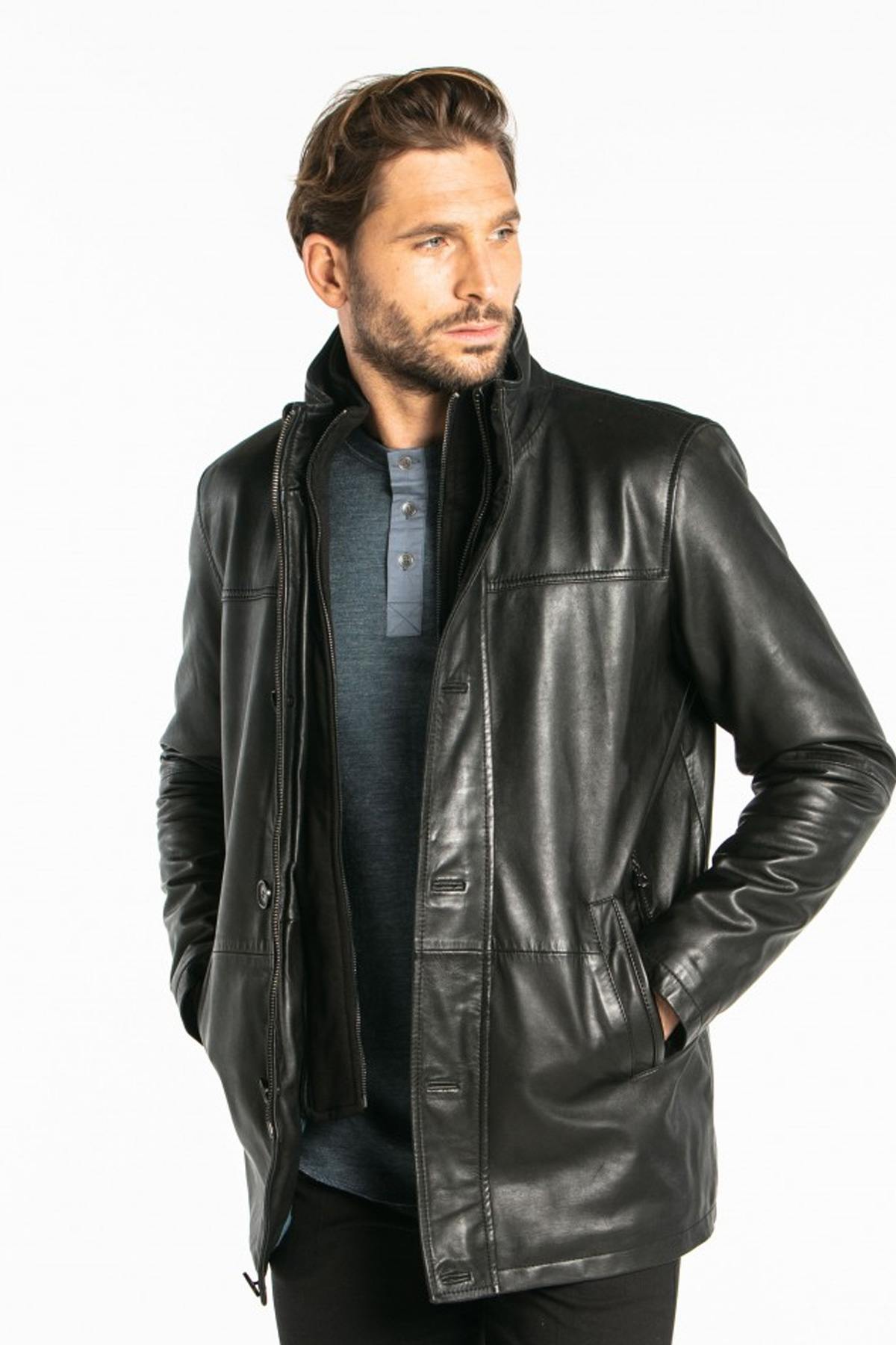 Men's black leather coat - Image n°5