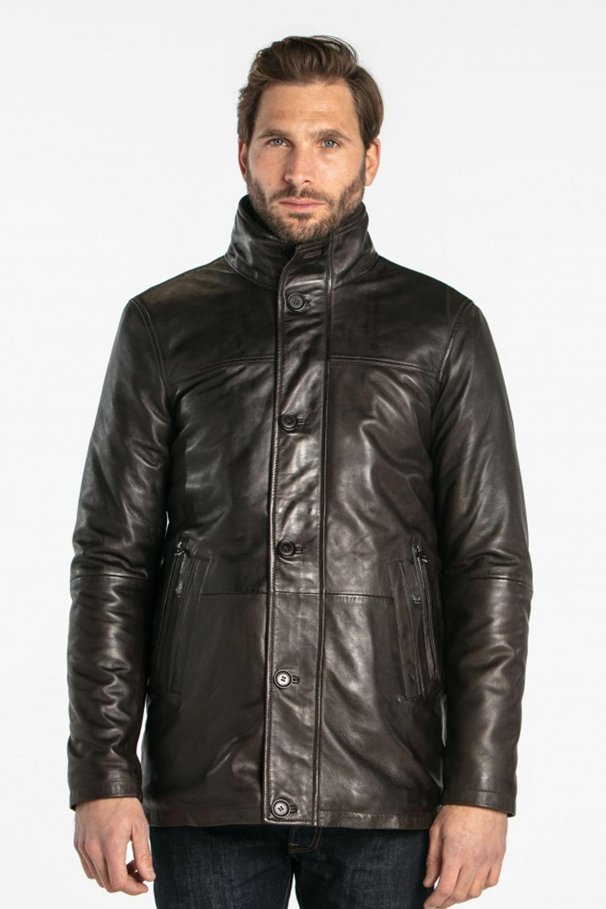 Long brown lambskin leather jacket - Image n°7