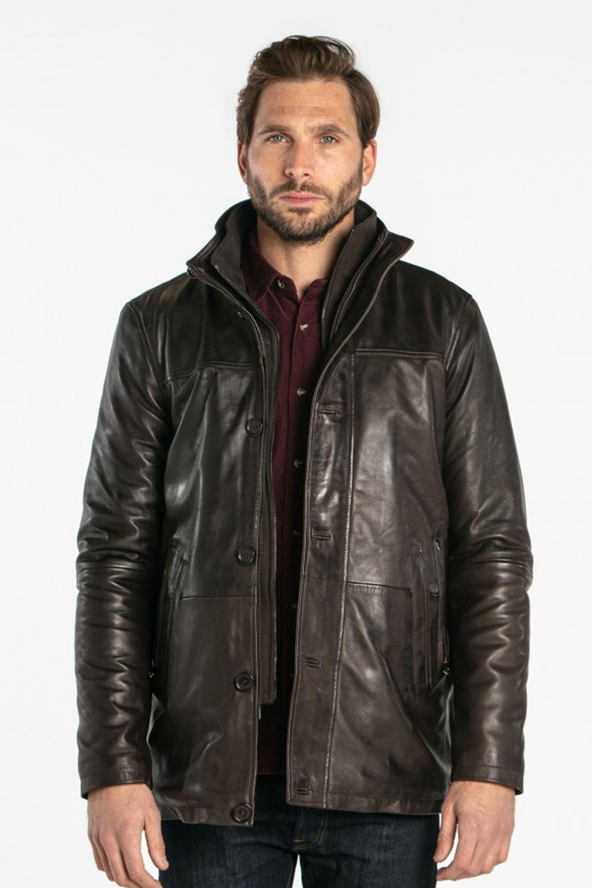 Long brown lambskin leather jacket - Image n°8