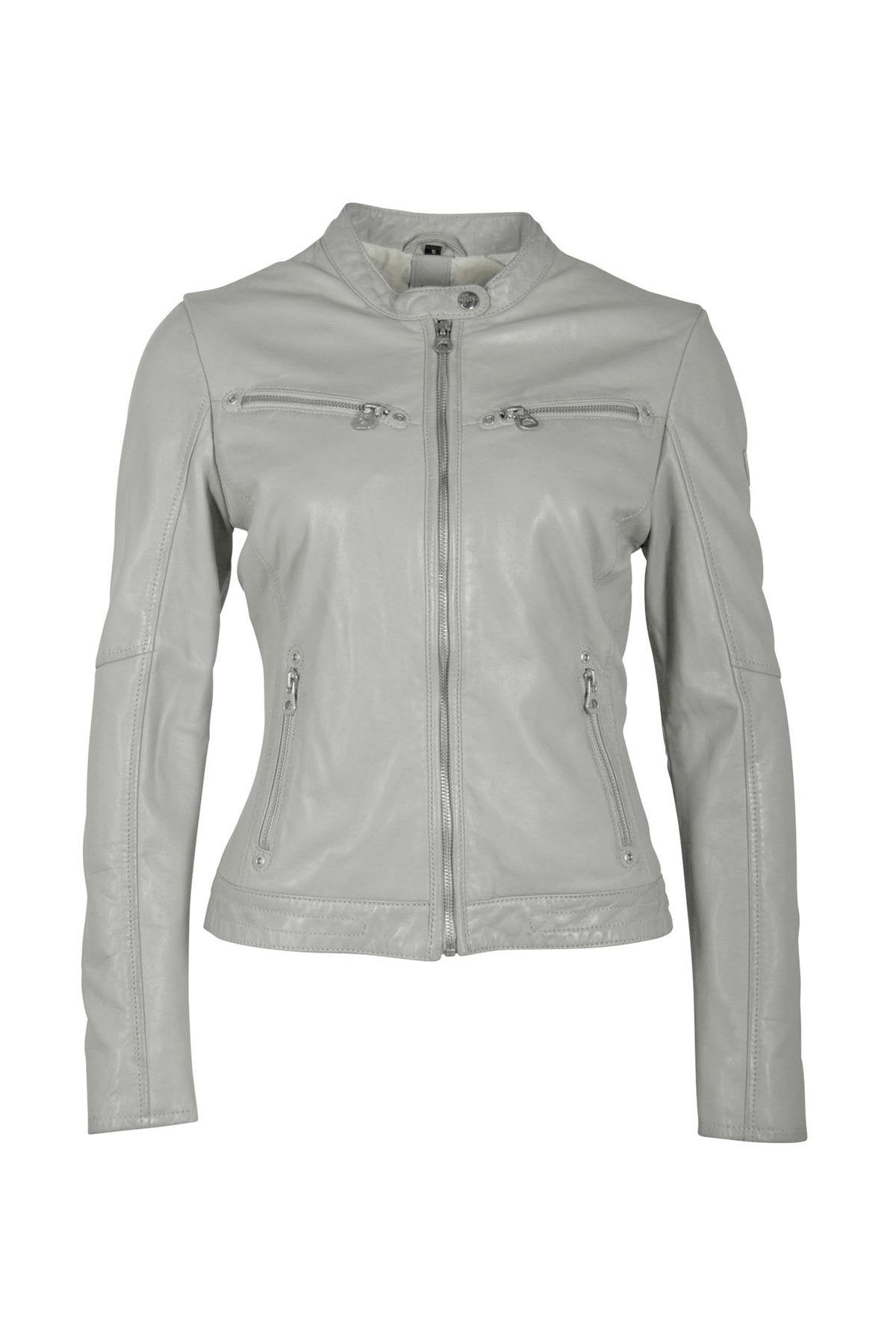 Women's light gray biker collar jacket - Image n°13