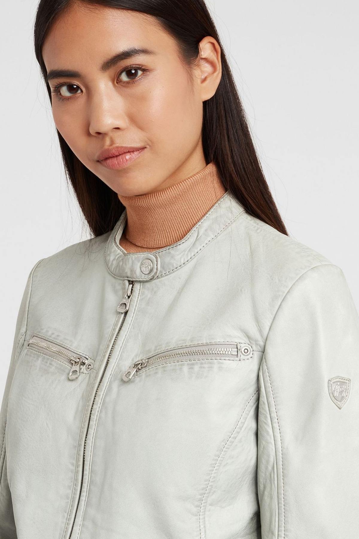 Women's light gray biker collar jacket - Image n°8