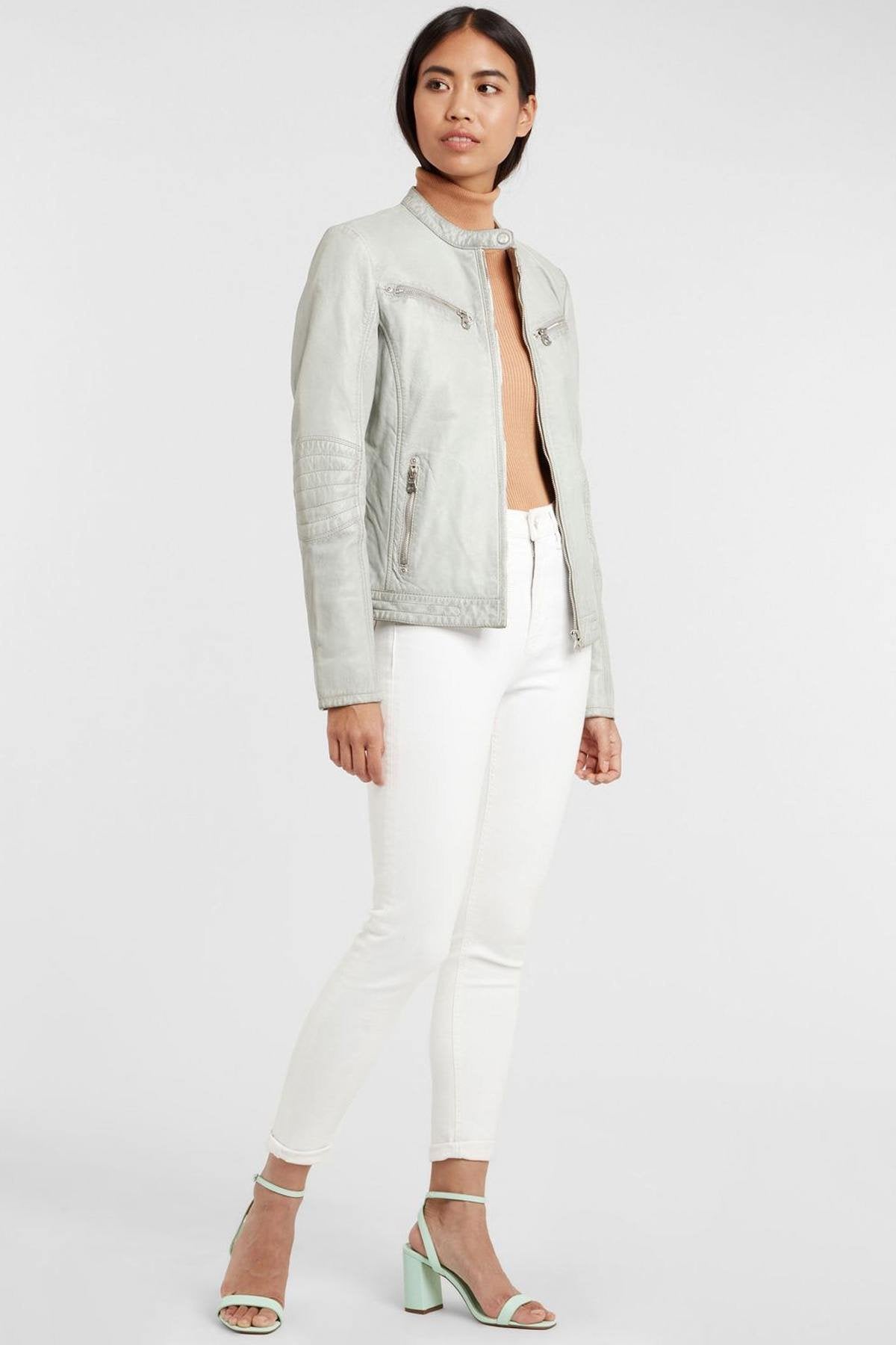 Women's light gray biker collar jacket - Image n°9