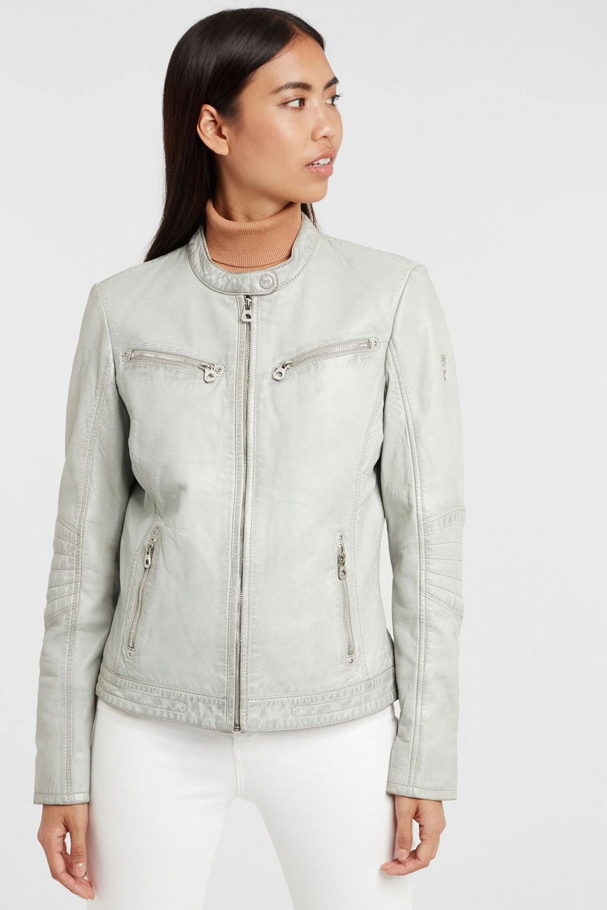 Women's light gray biker collar jacket - Image n°10