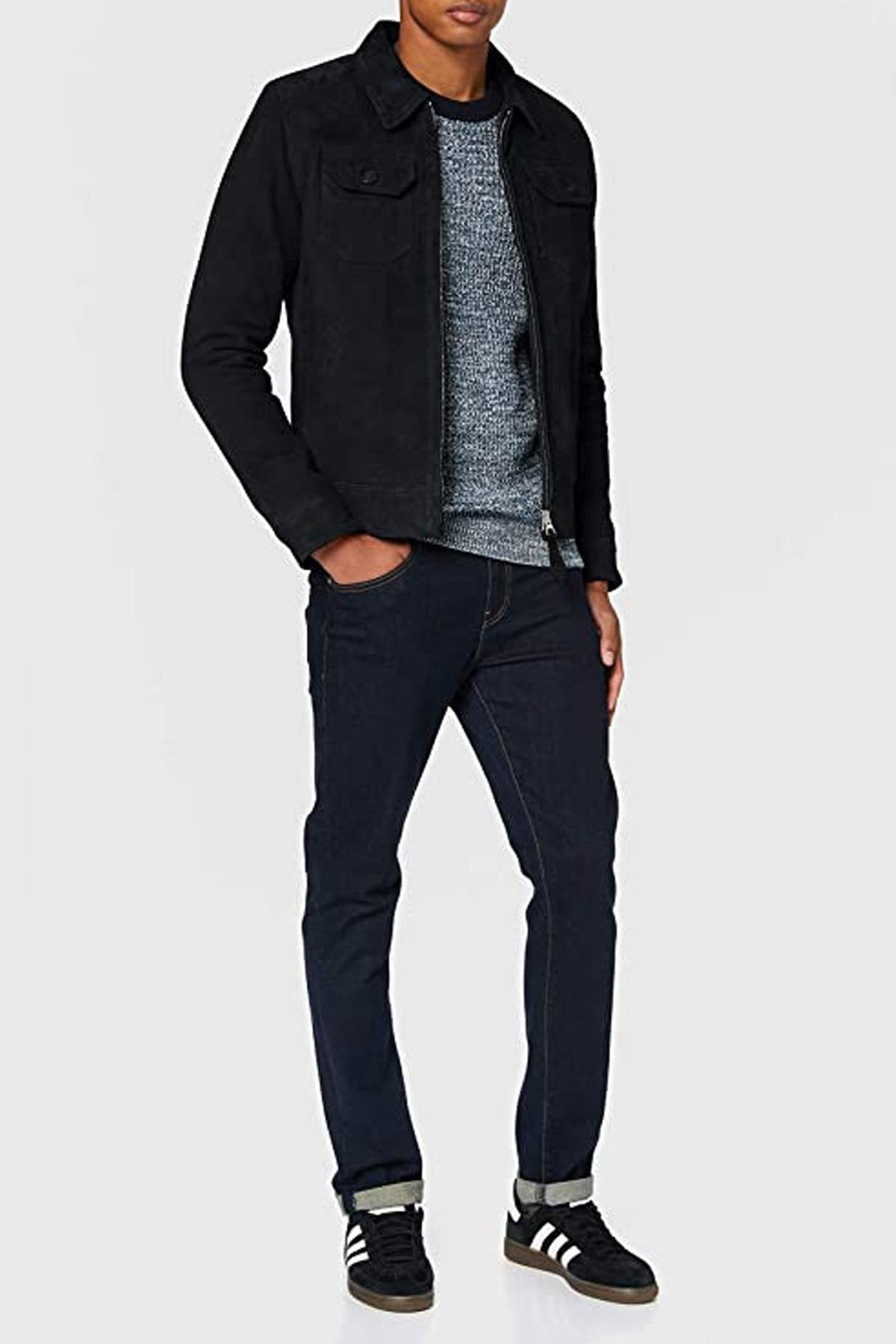 Navy blue suede leather jacket - Image n°7