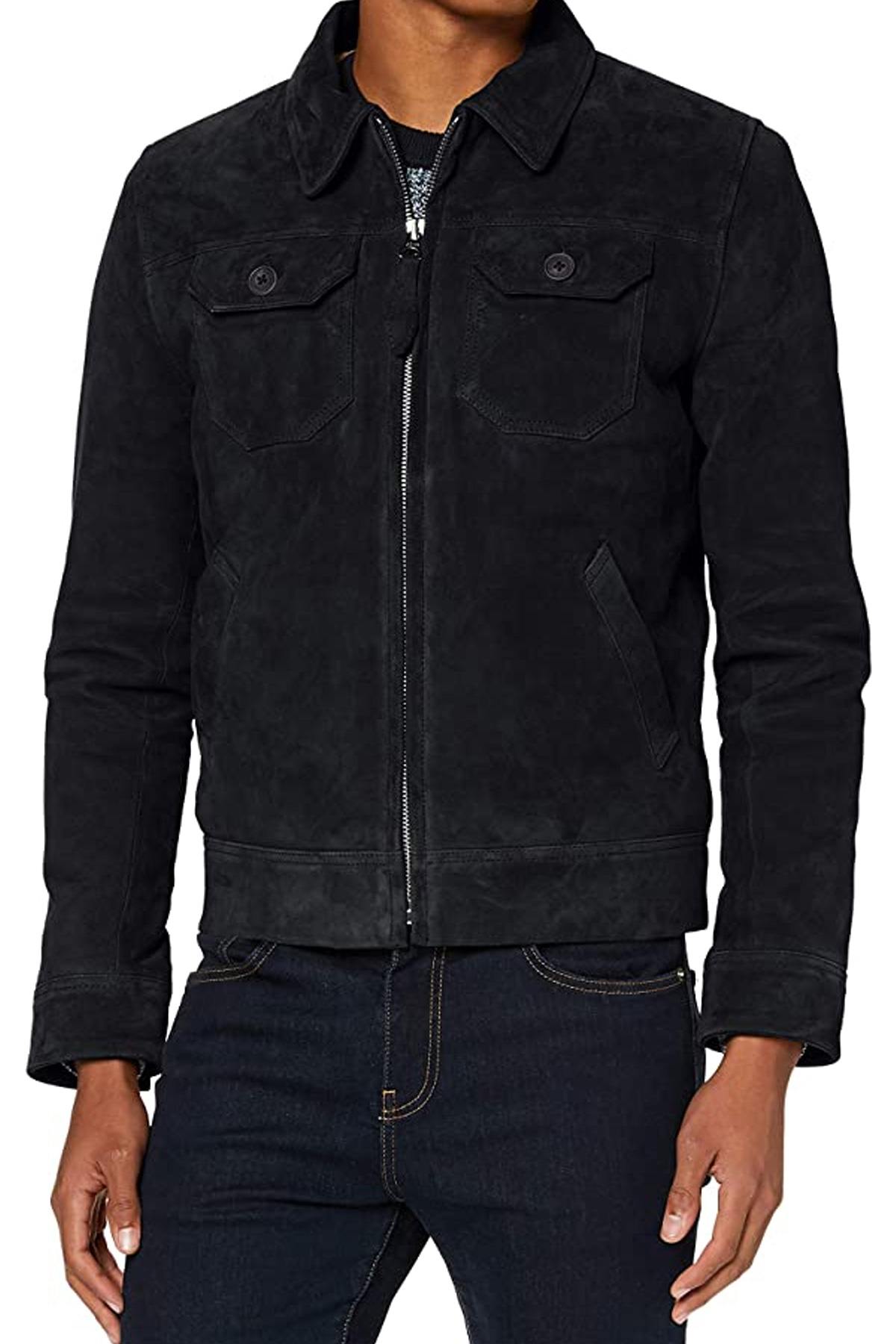 Navy blue suede leather jacket - Image n°6