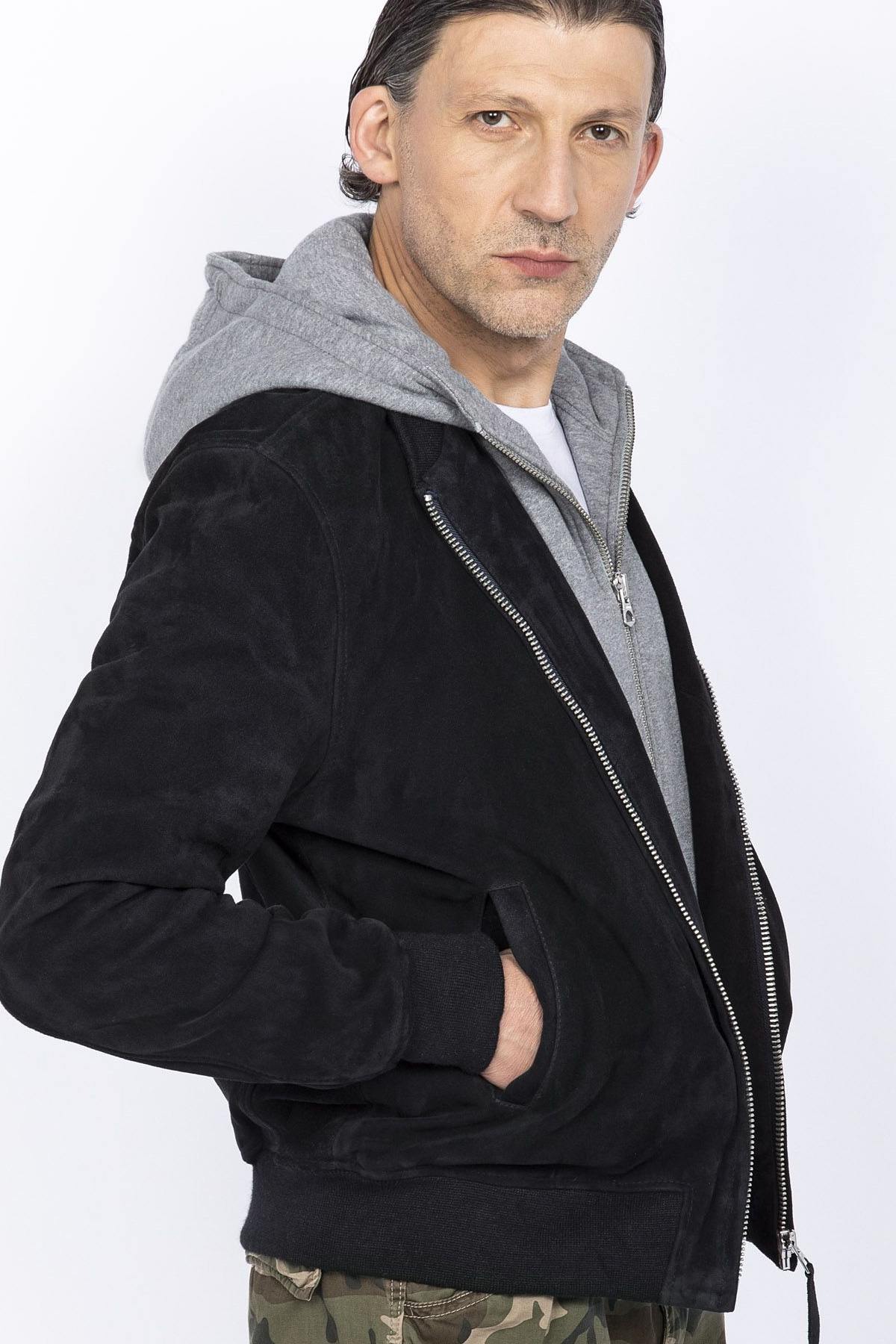 Suede leather bomber with removable hood - Image n°10