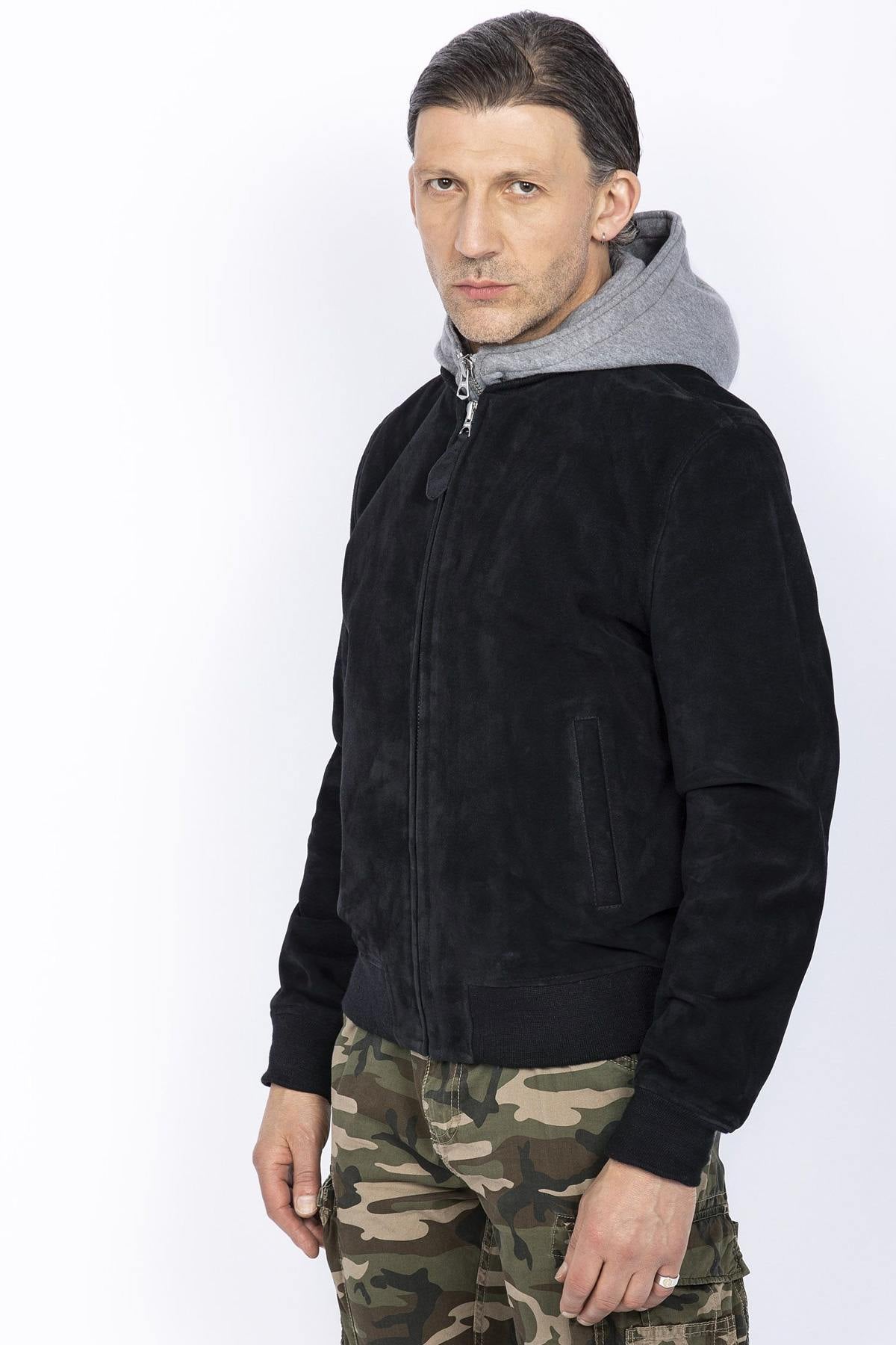 Suede leather bomber with removable hood - Image n°13