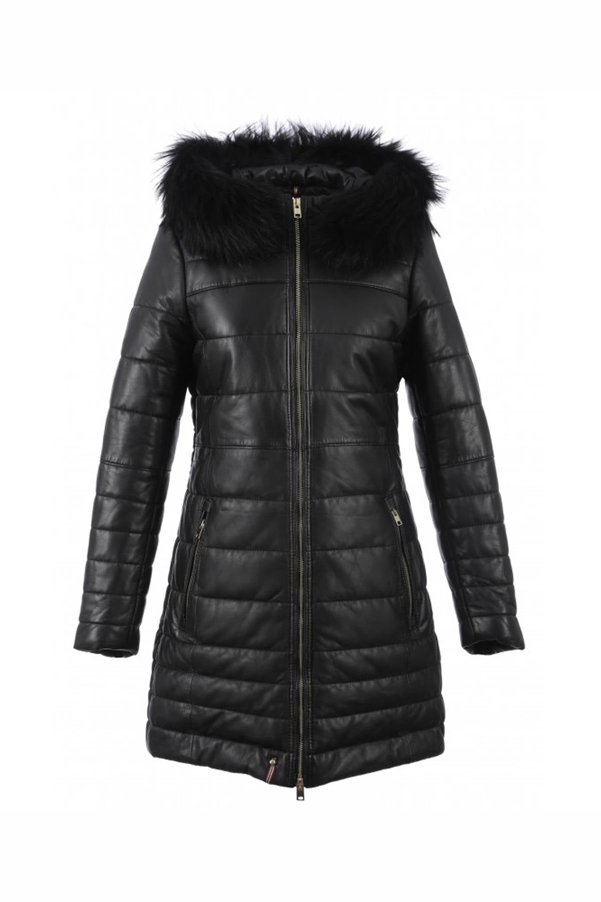 Women's down jacket in black sheepskin with black fur - Image n°8