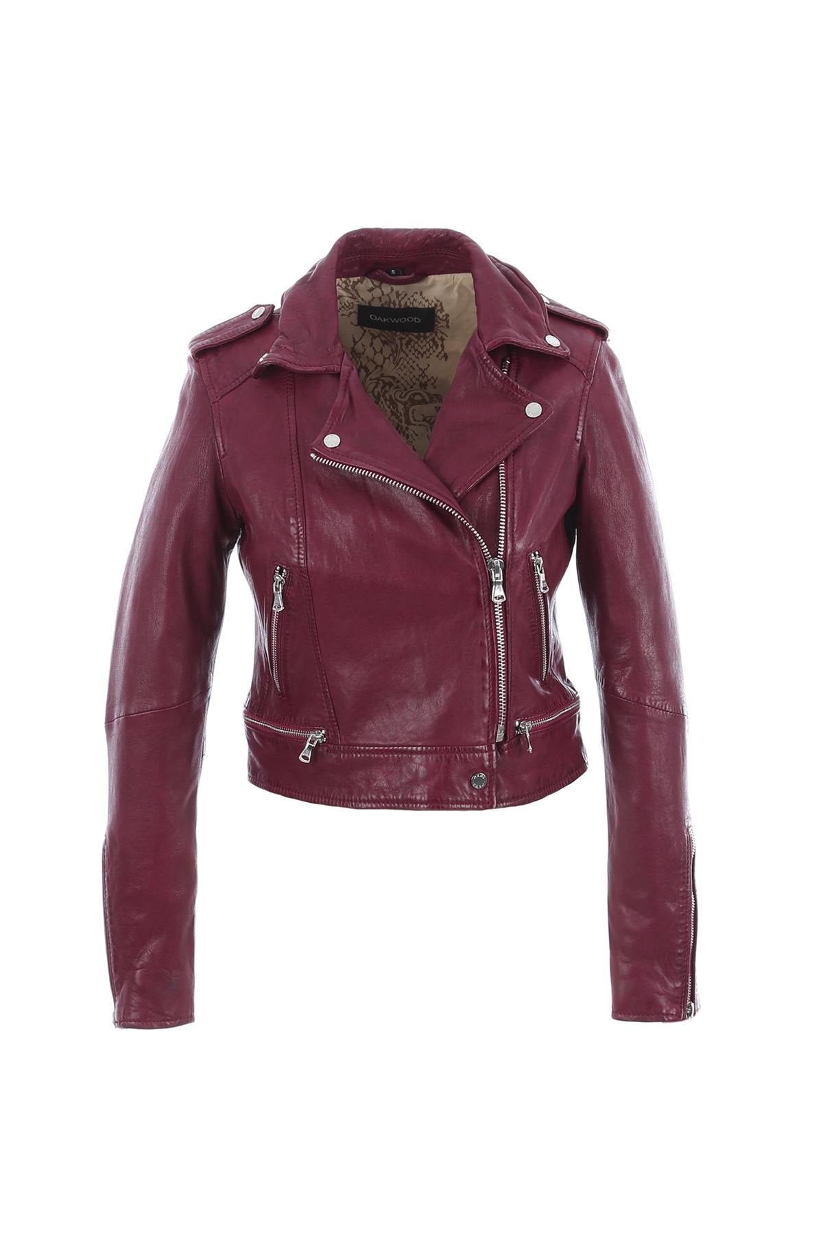 Short plum-colored leather perfecto - Image n°14