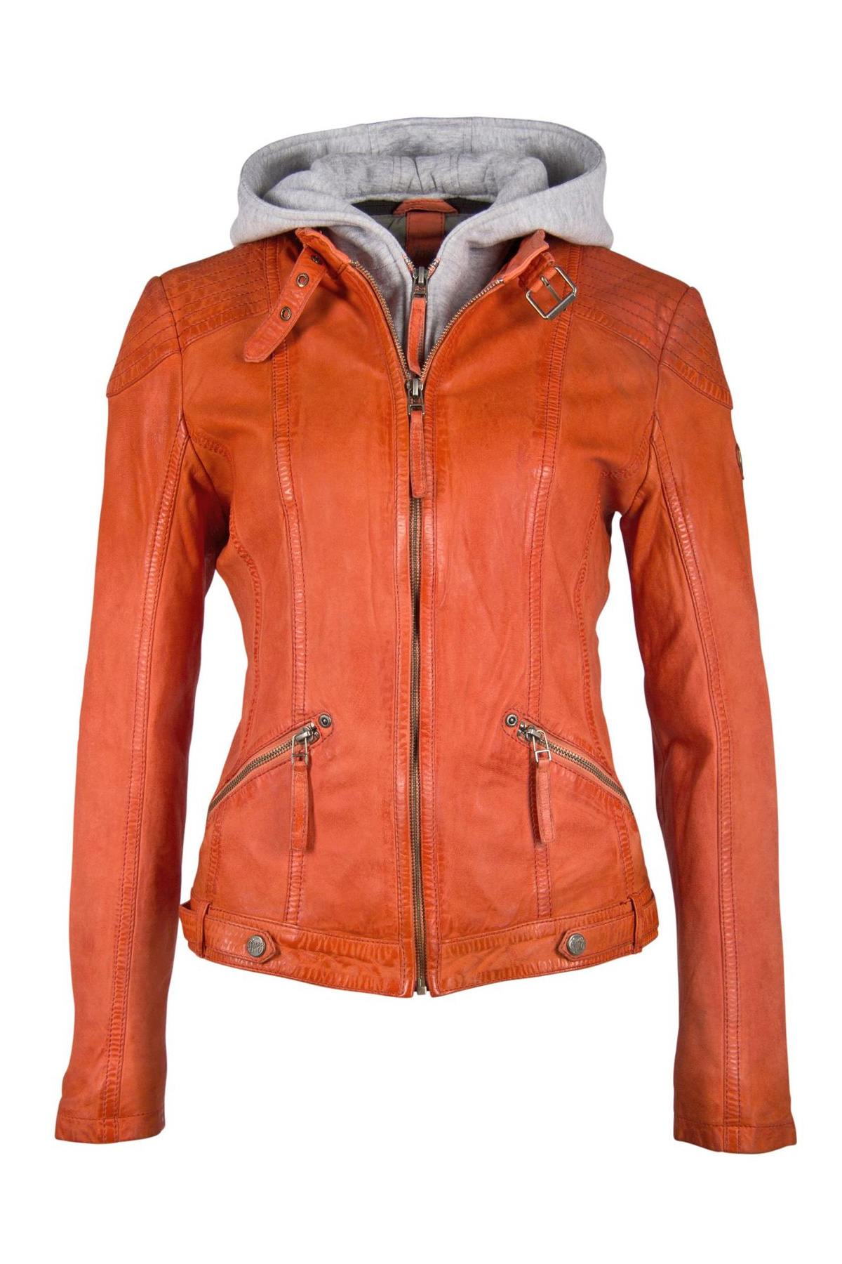 Orange leather hooded jacket - Image n°7