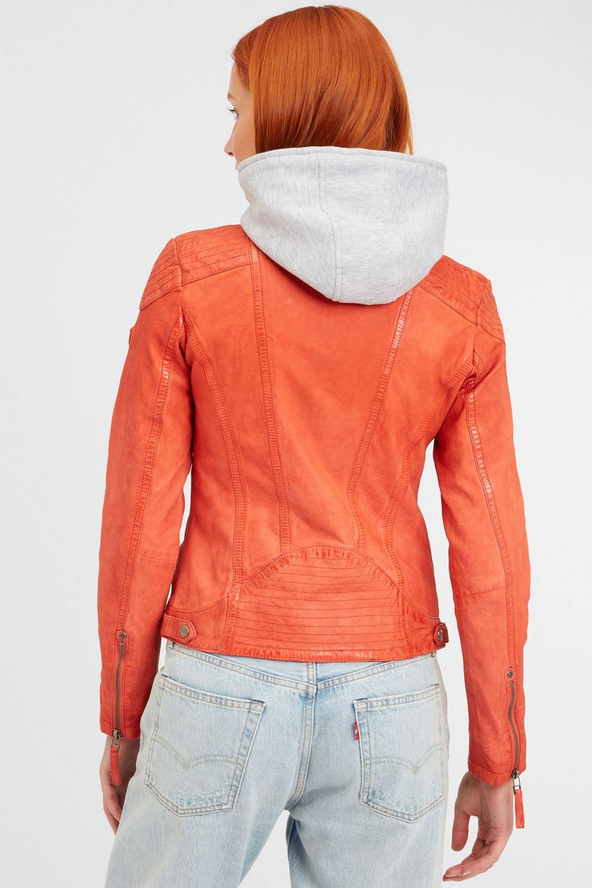 Orange leather hooded jacket - Image n°4