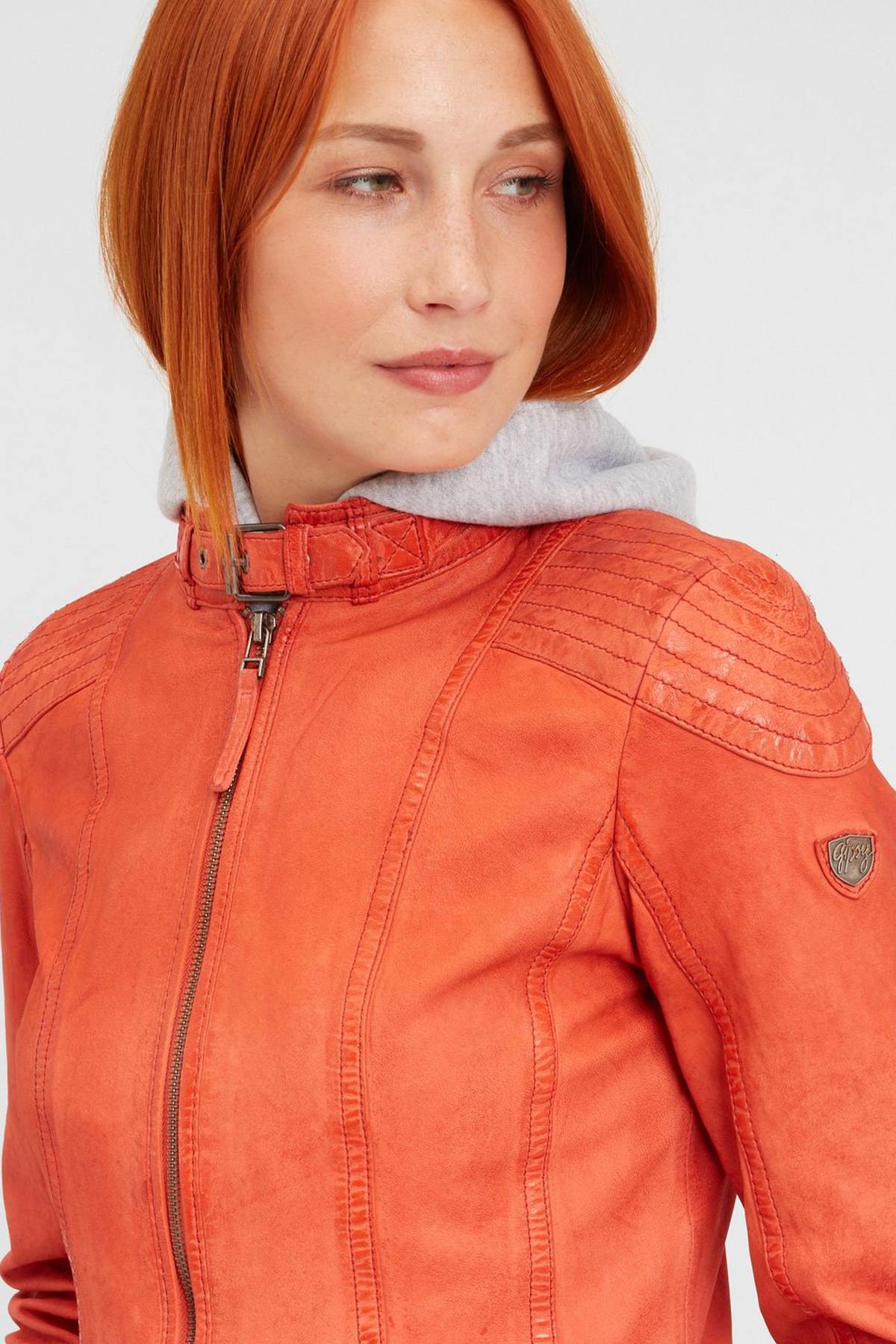 Orange leather hooded jacket - Image n°3