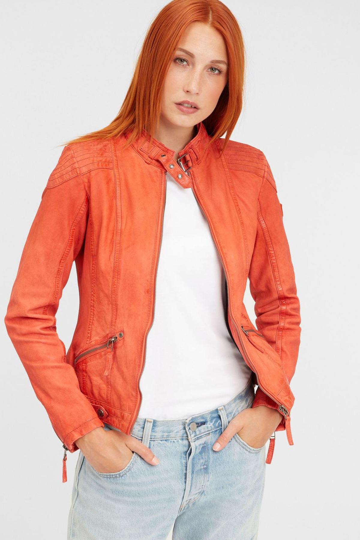 Orange leather hooded jacket - Image n°6