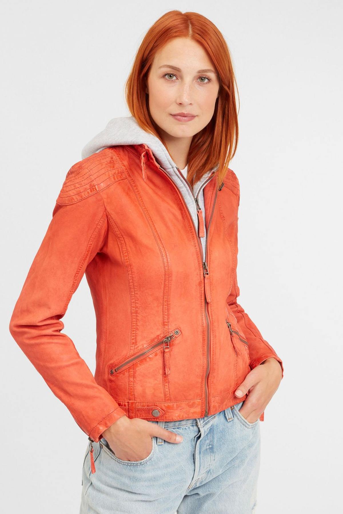 Orange leather hooded jacket - Image n°1