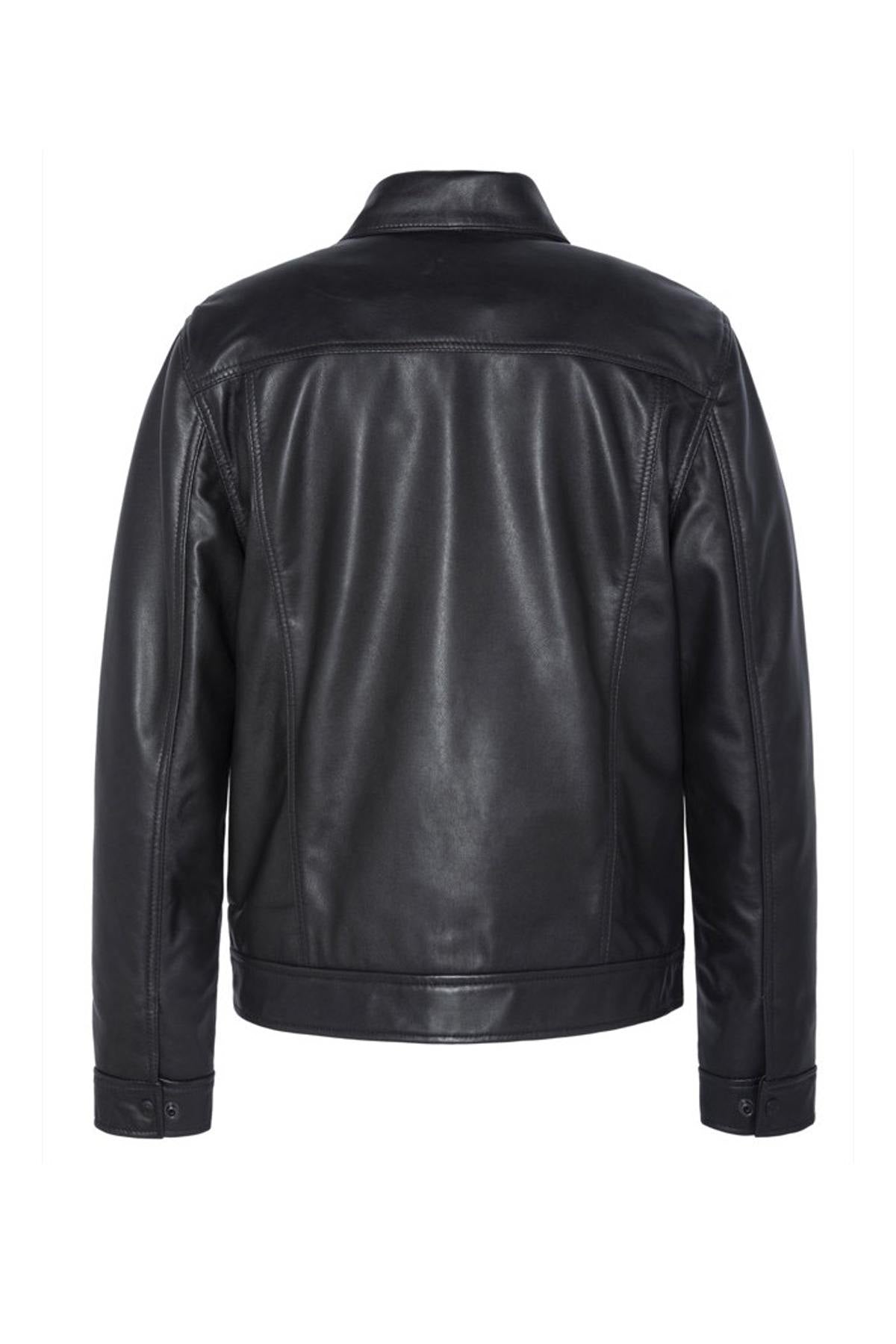 Black leather shirt collar jacket - Image n°9