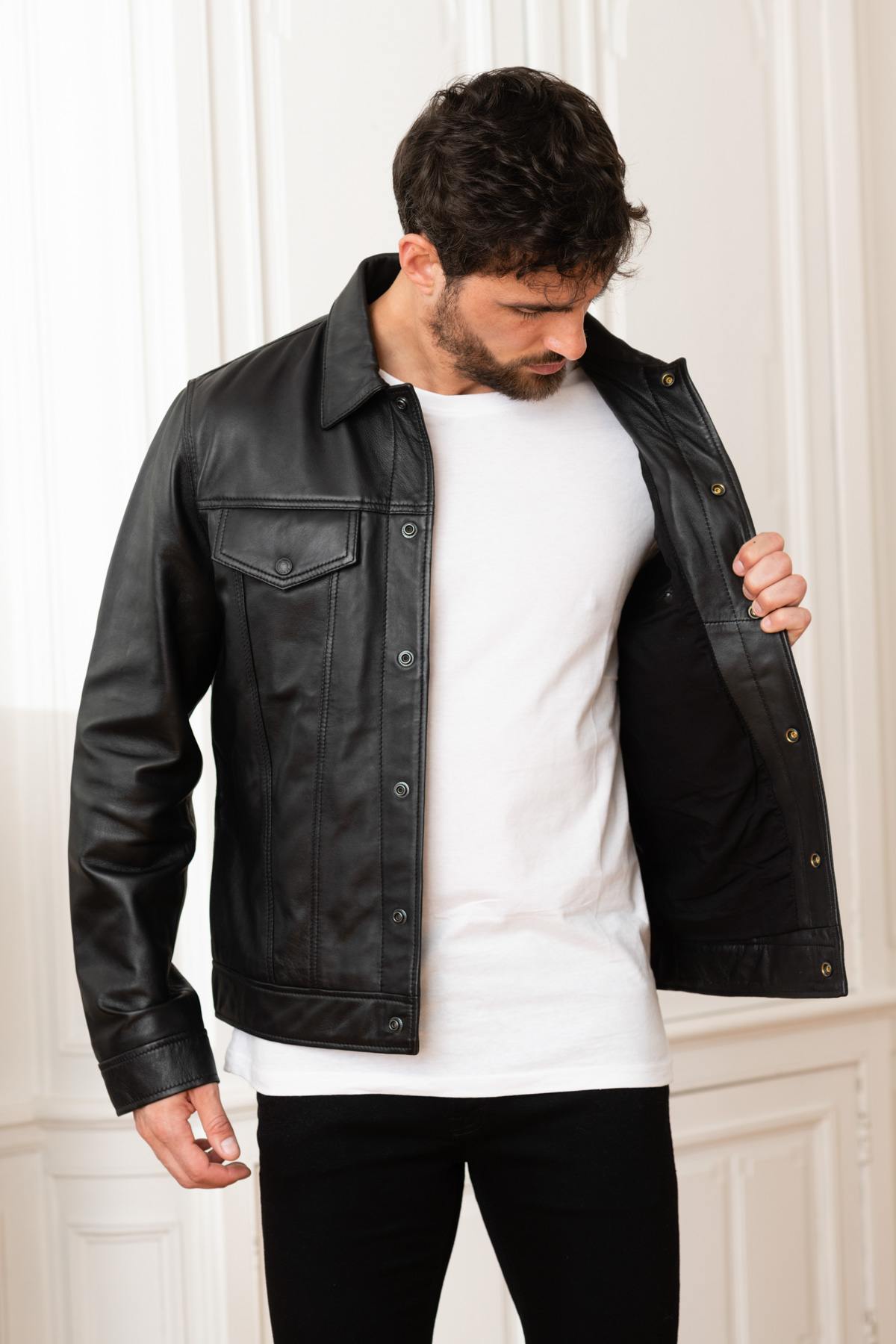 Black leather shirt collar jacket - Image n°5