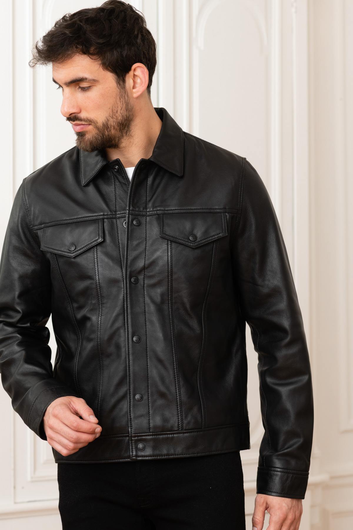 Black leather shirt collar jacket - Image n°3