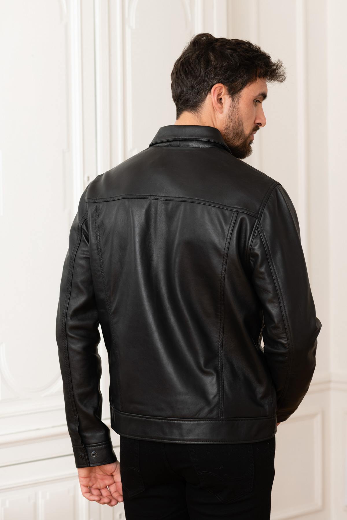 Black leather shirt collar jacket - Image n°6