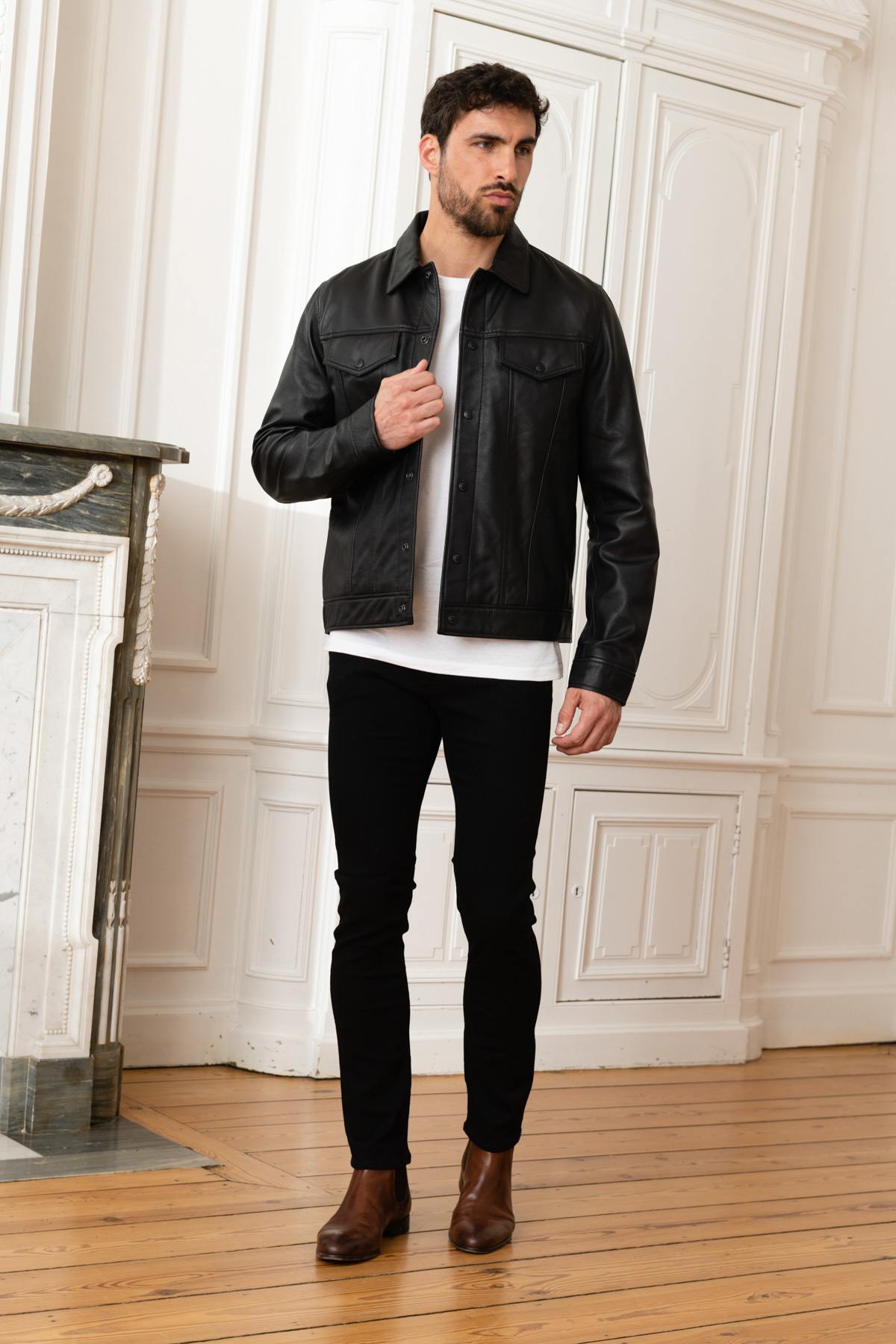 Black leather shirt collar jacket - Image n°2