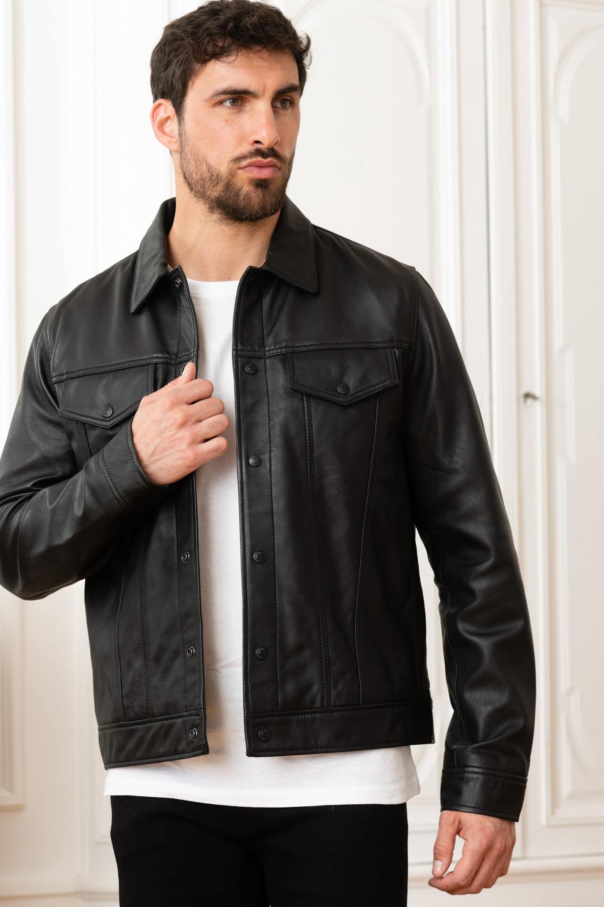 Black leather shirt collar jacket - Image n°1