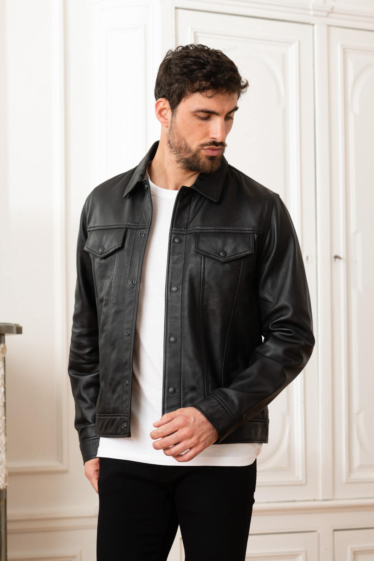 Black leather shirt collar jacket - Image n°7