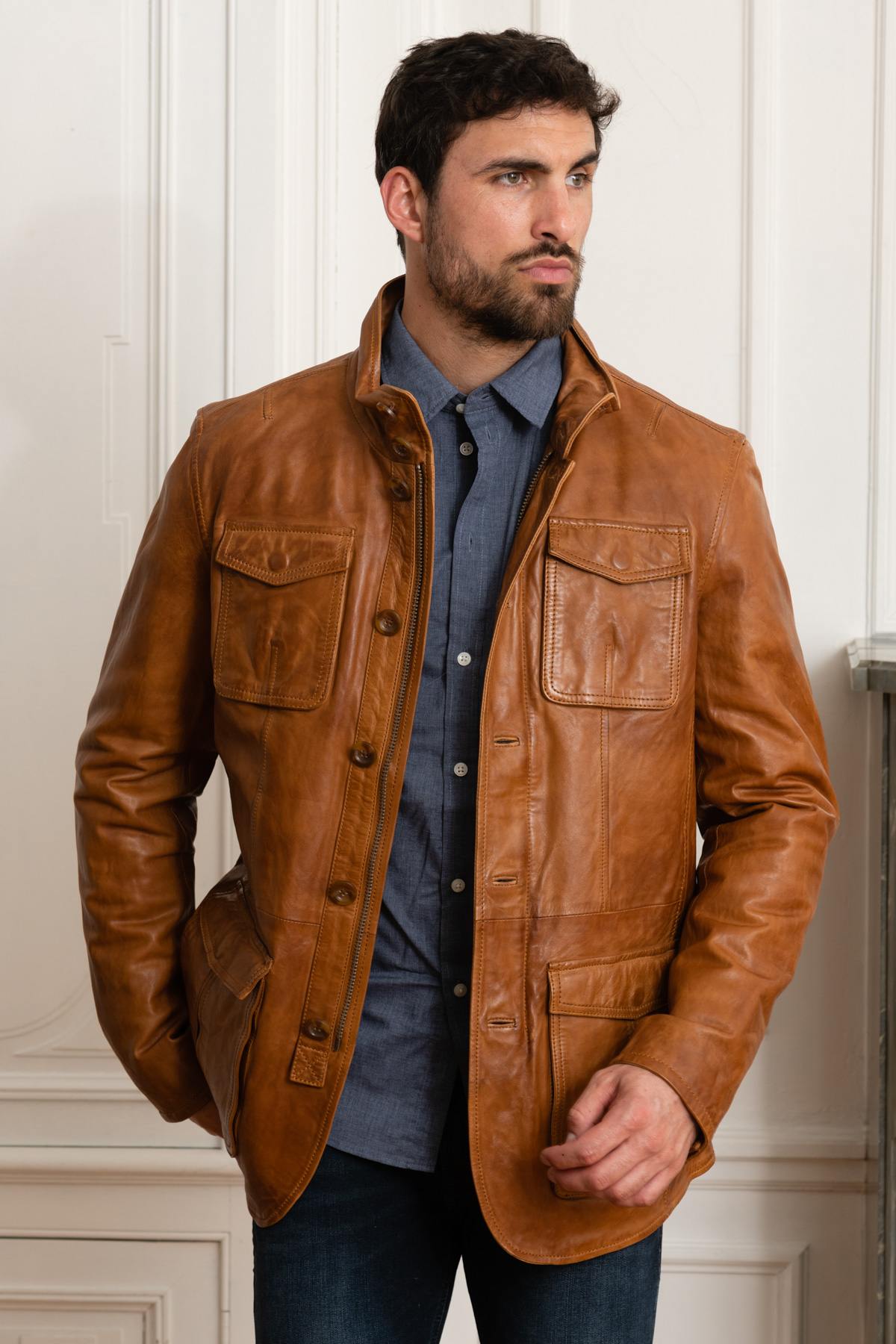 Elegant cognac lambskin leather jacket - Image n°2