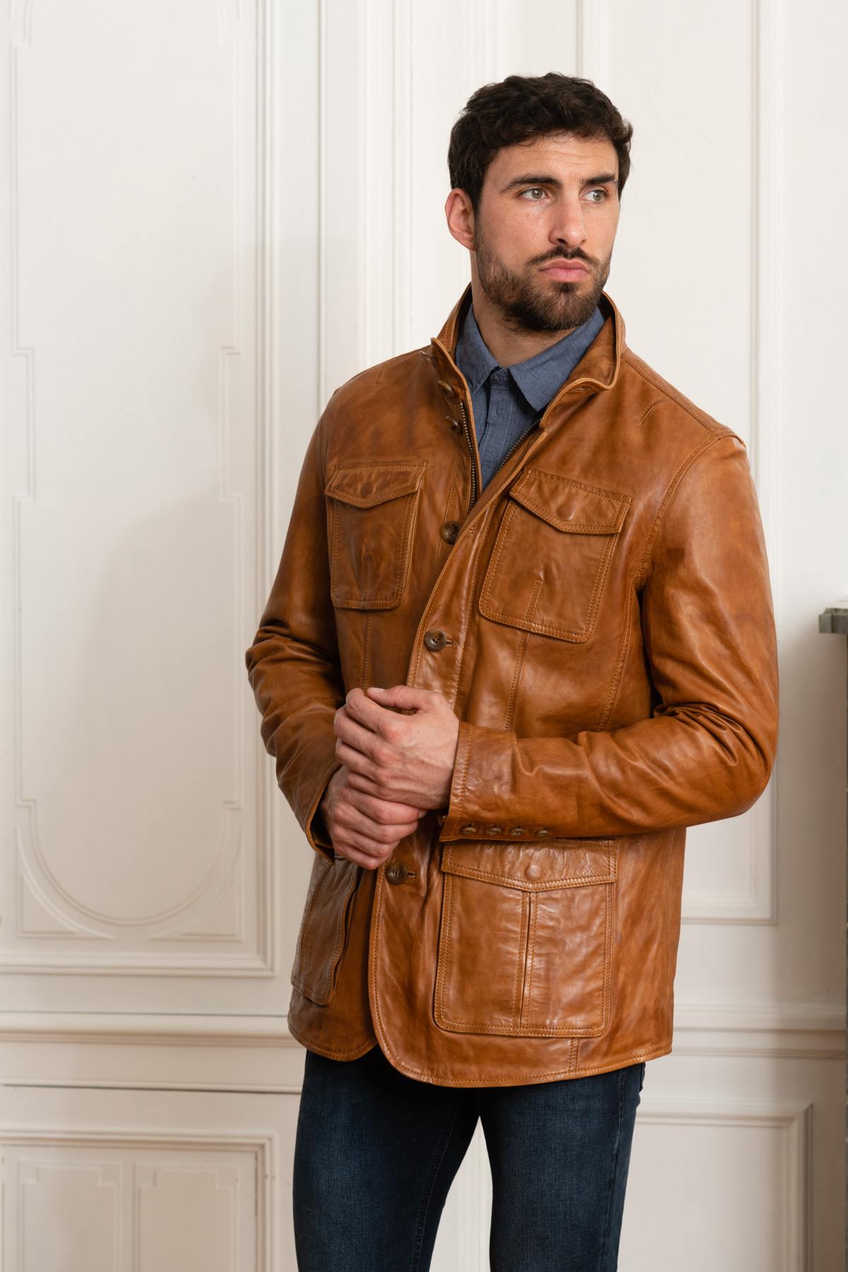 Elegant cognac lambskin leather jacket - Image n°5