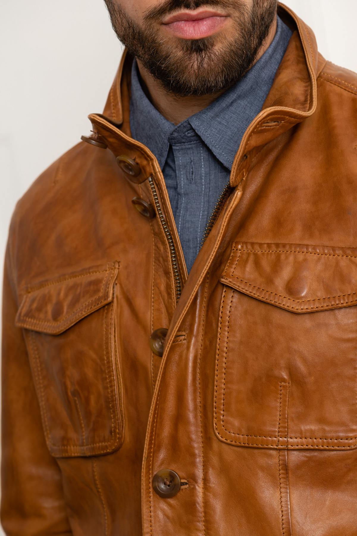 Elegant cognac lambskin leather jacket - Image n°7