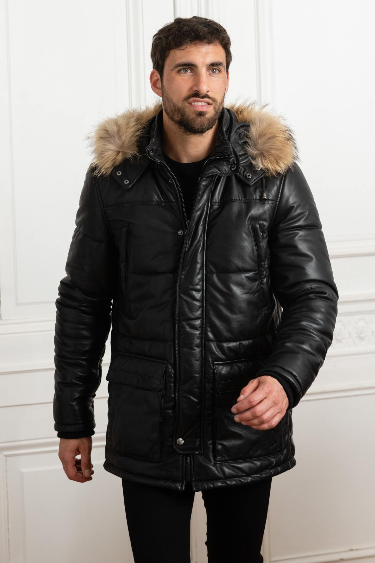 Black lambskin down jacket with fur collar - Image n°1