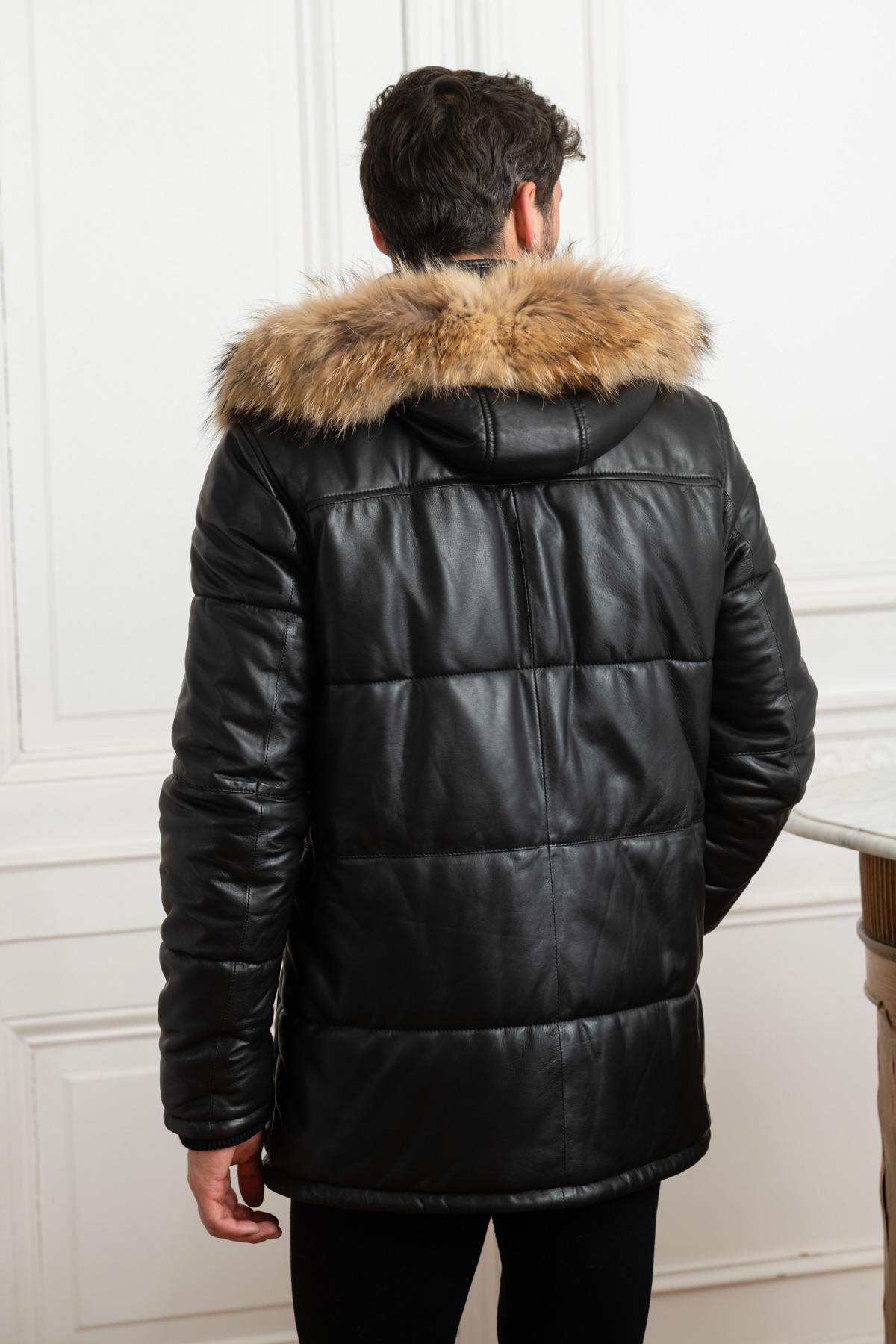 Black lambskin down jacket with fur collar - Image n°5