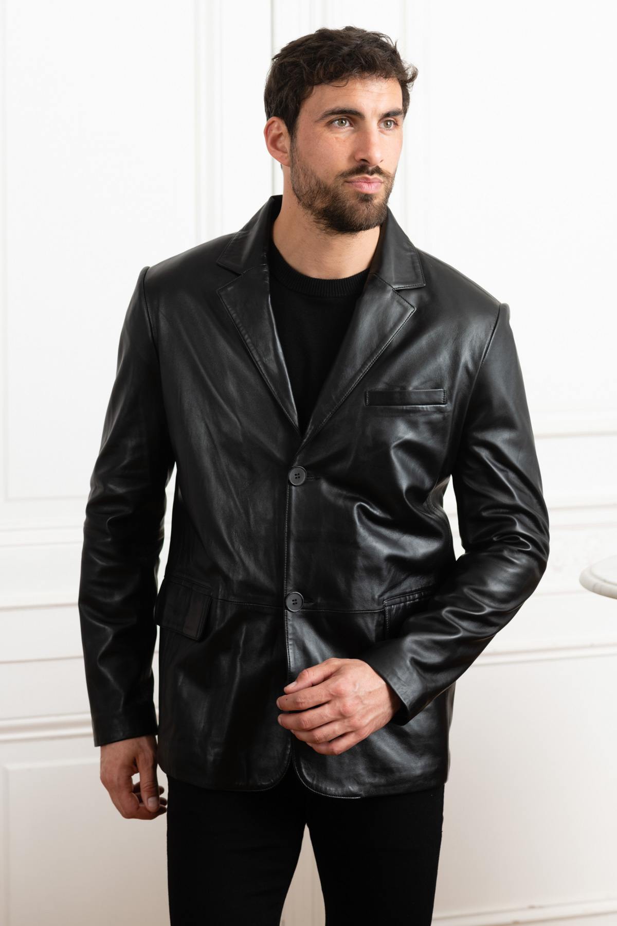 Elegant black leather blazer - Image n°7